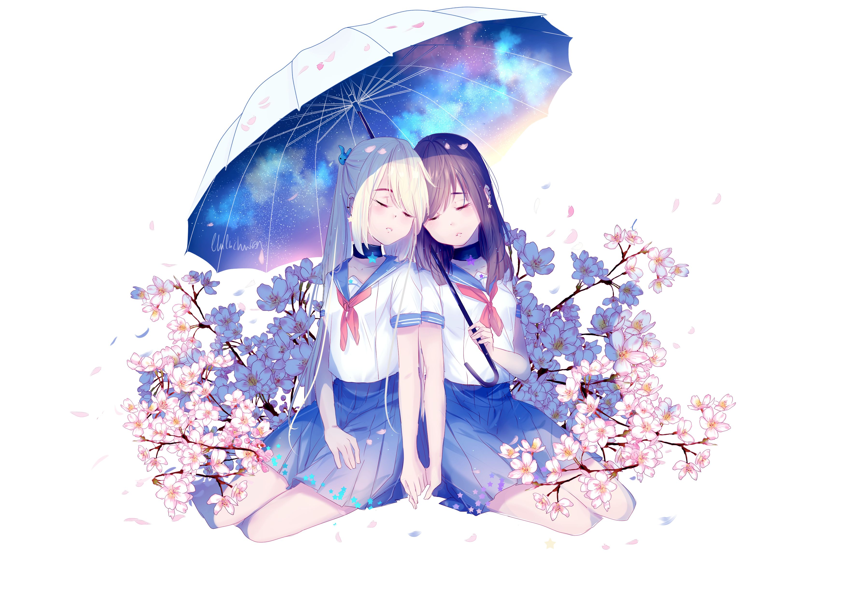 Laden Sie das Blume, Regenschirm, Schülerin, Original, Kirschblüte, Blondinen, Schuluniform, Animes, Lange Haare-Bild kostenlos auf Ihren PC-Desktop herunter