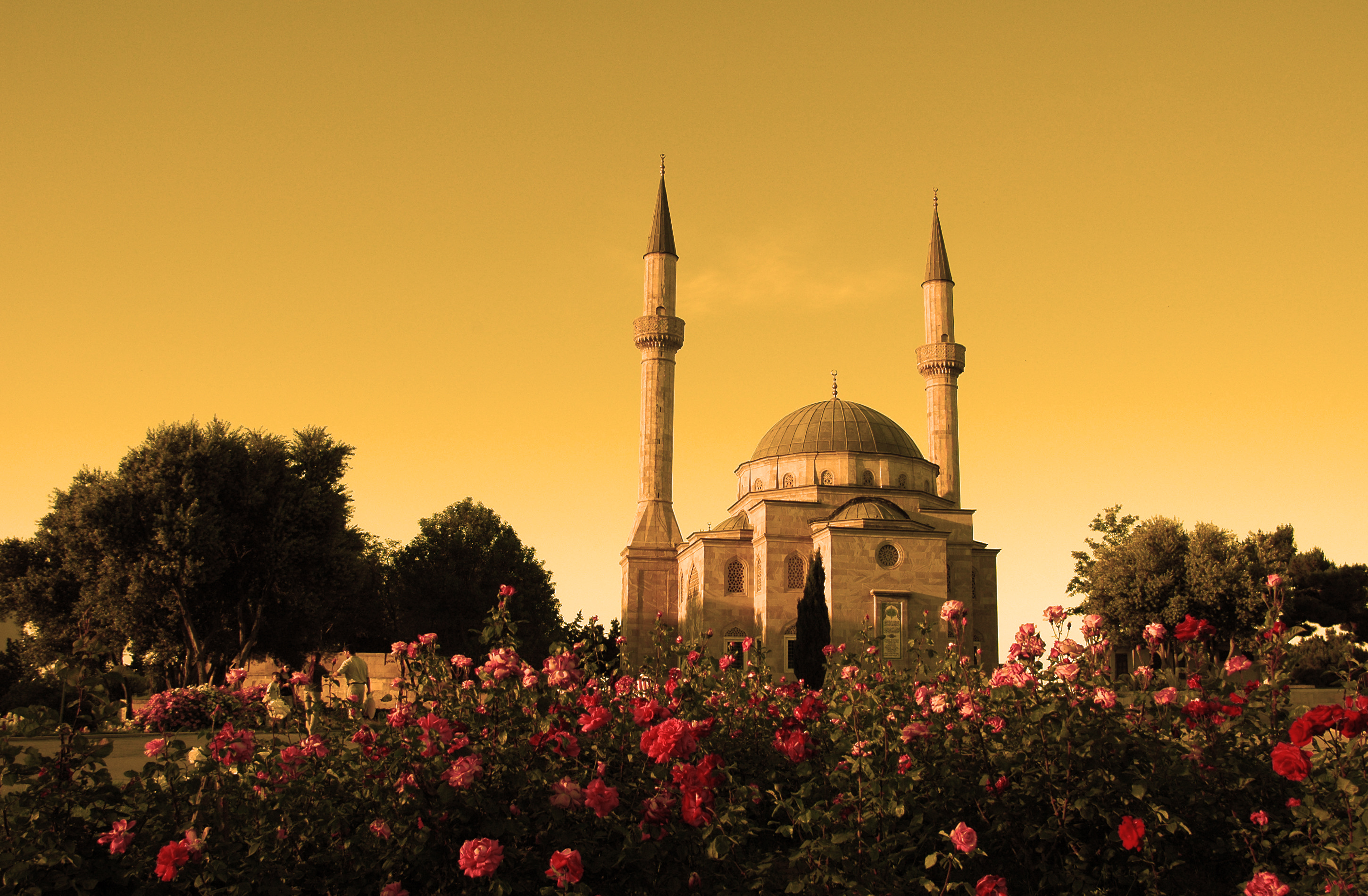 398262 baixar papel de parede religioso, mesquita de dois minaretes, arbusto de rosas - protetores de tela e imagens gratuitamente