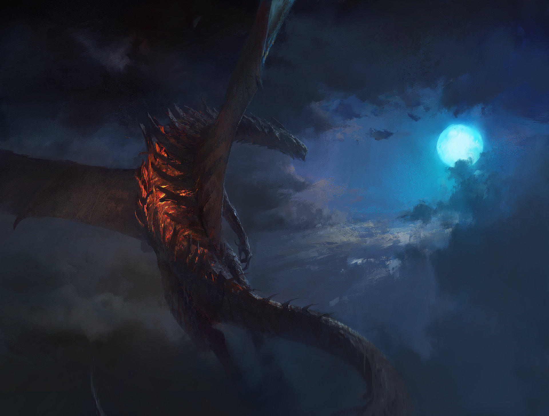 Download mobile wallpaper Fantasy, Sky, Night, Moon, Dragon for free.