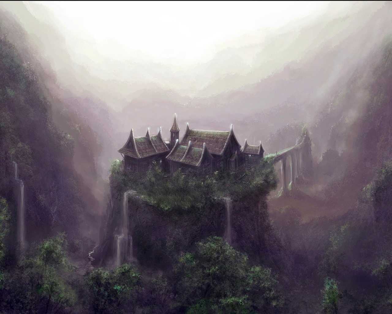 fog, fantasy, landscape, valley, waterfall