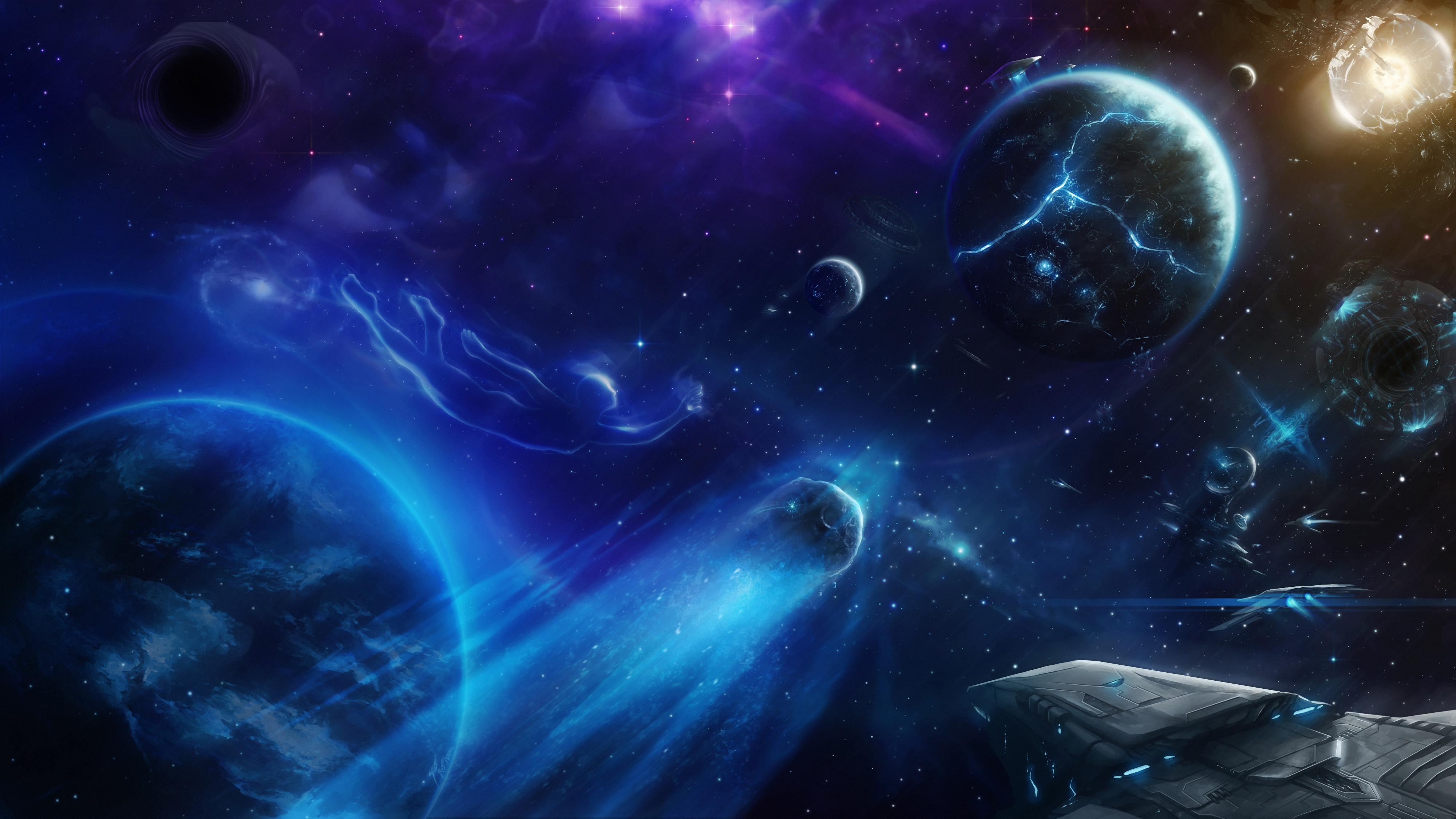 Скачать обои бесплатно Космос, Синий, Туманность, Планета, Космический Корабль, Пурпурный, Научная Фантастика картинка на рабочий стол ПК