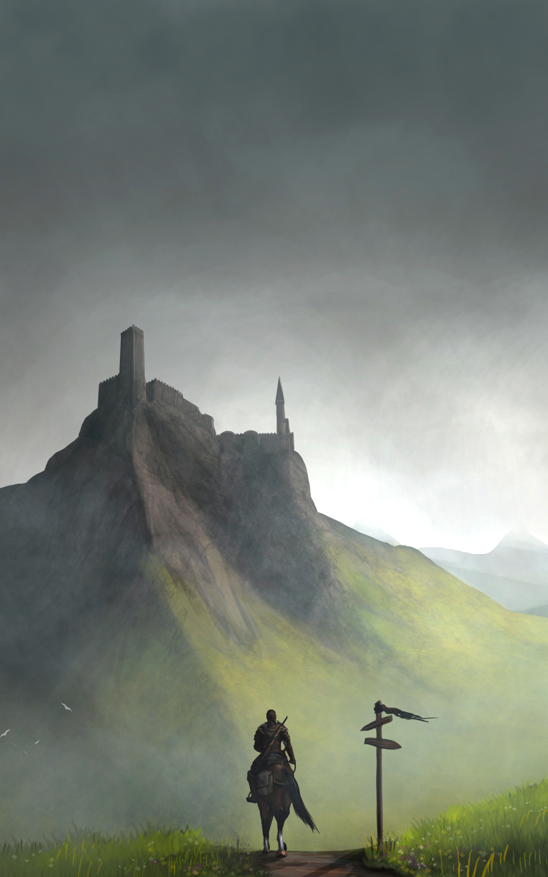 Download mobile wallpaper Fantasy, Warrior, Horse, Castle for free.