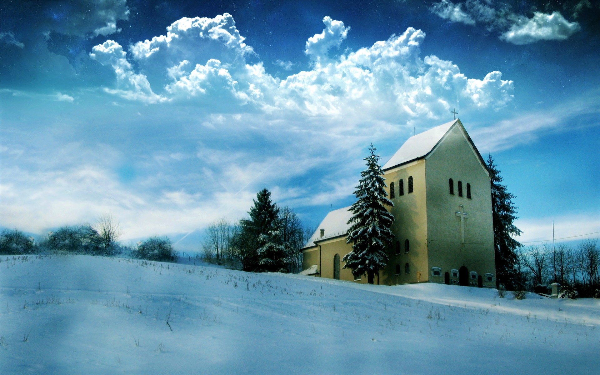 Handy-Wallpaper Winter, Schnee, Baum, Wolke, Kirche, Kirchen, Religiös kostenlos herunterladen.