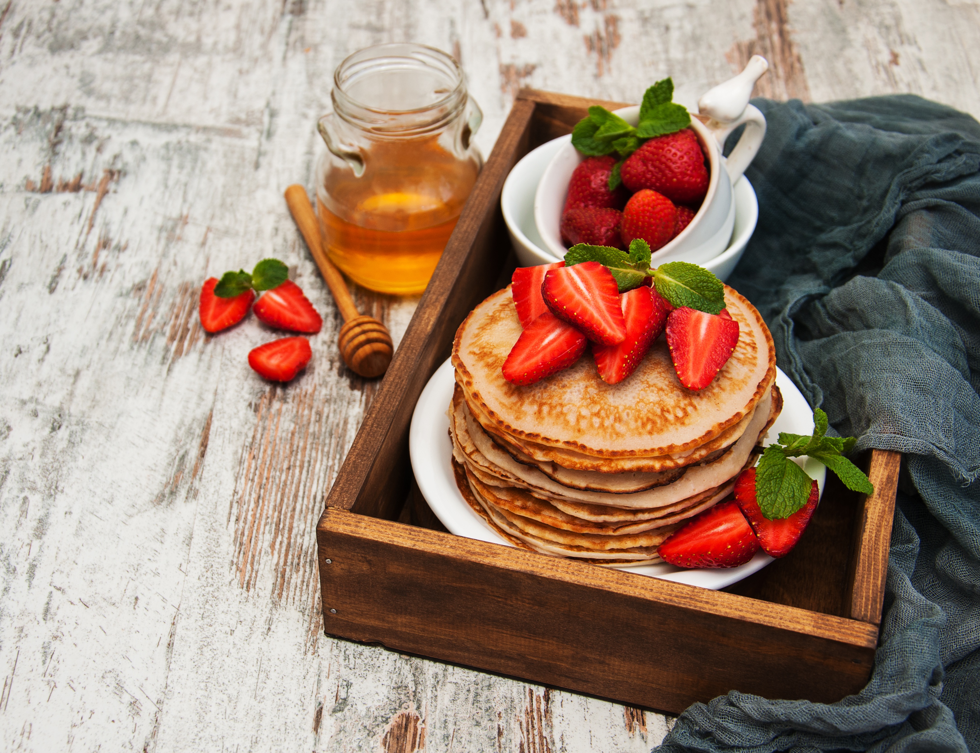 Download mobile wallpaper Food, Strawberry, Still Life, Berry, Fruit, Honey, Breakfast, Crêpe for free.