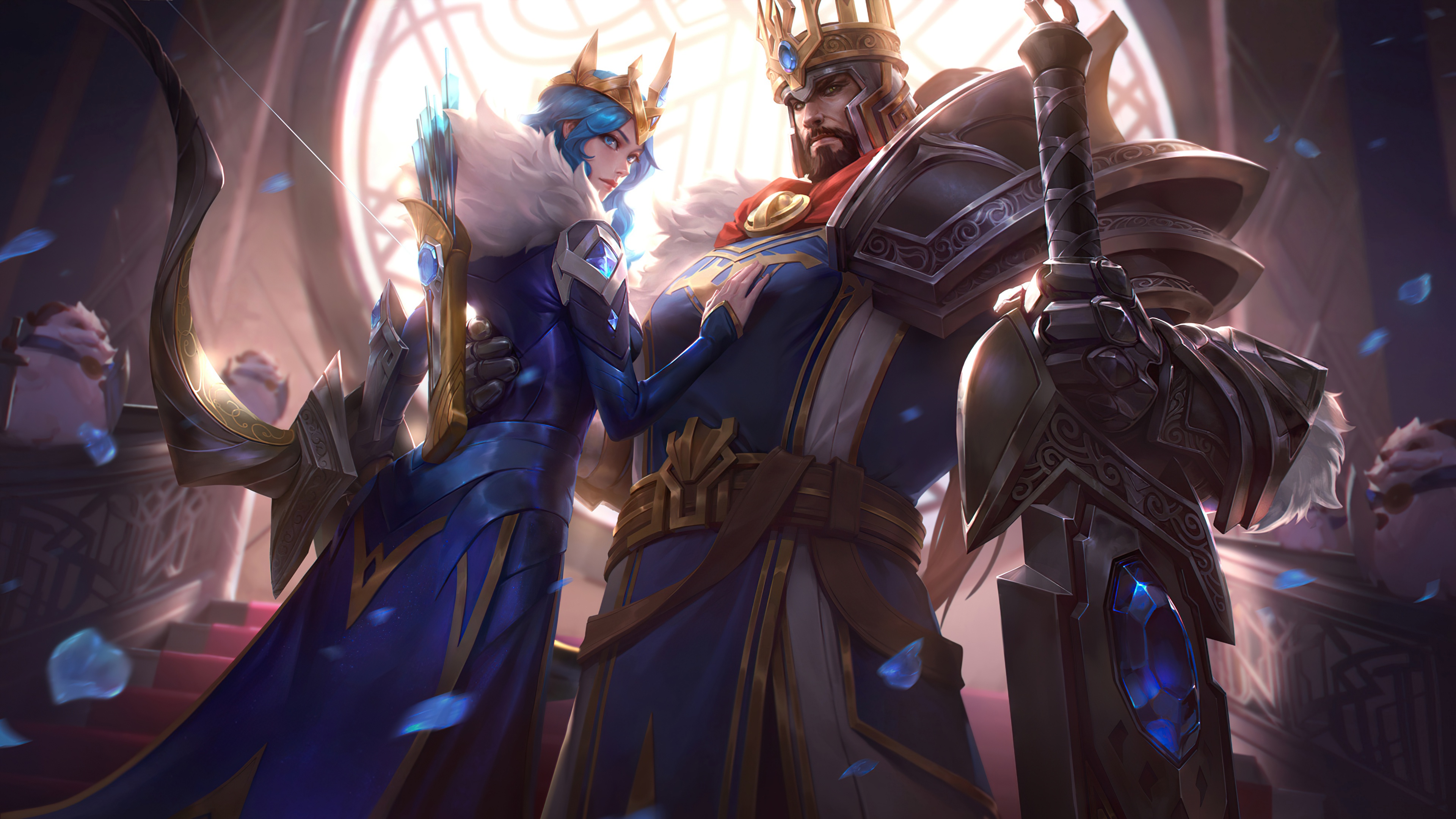 league of legends, tryndamere (league of legends), video game, armor, ashe (league of legends), blue eyes, crown, sword, weapon