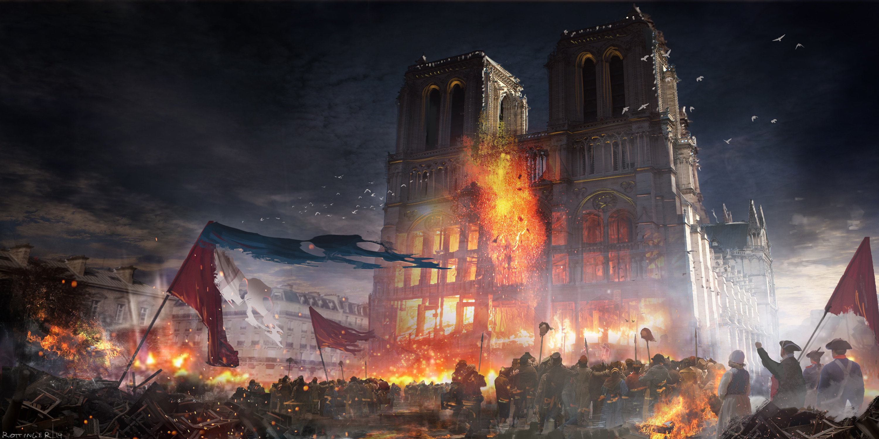 video game, assassin's creed: unity, cathedral, fire, france, notre dame de paris, paris, assassin's creed
