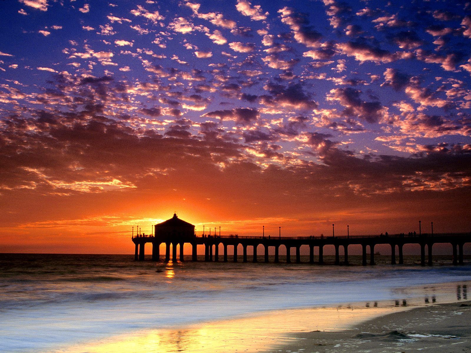 Download mobile wallpaper Shore, Bank, Sky, Clouds, Evening, Sunset, Sea, Sun, Pier, Nature, California, Beach for free.