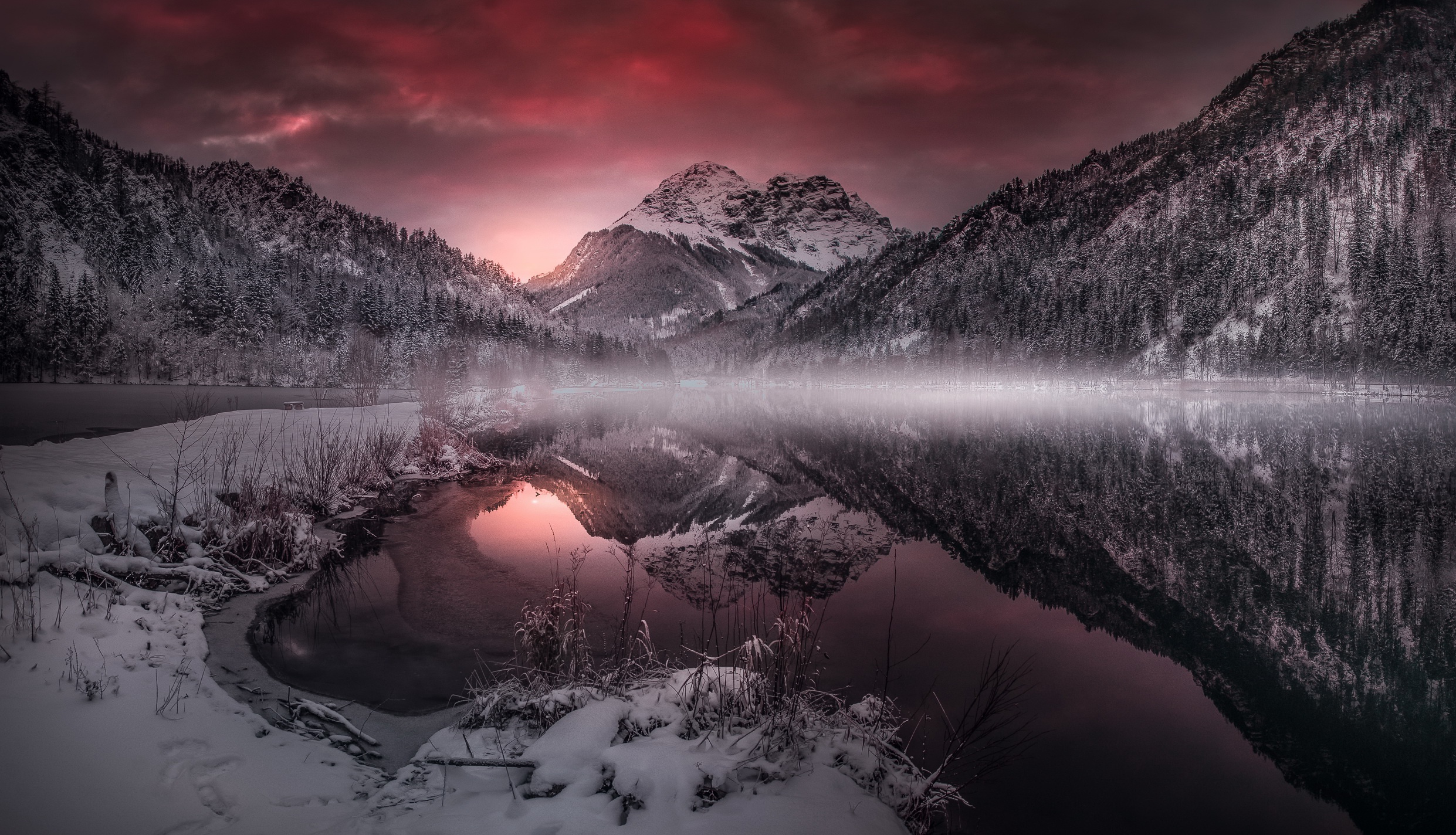 Descarga gratis la imagen Invierno, Naturaleza, Montaña, Lago, Atardecer, Tierra/naturaleza, Reflejo en el escritorio de tu PC