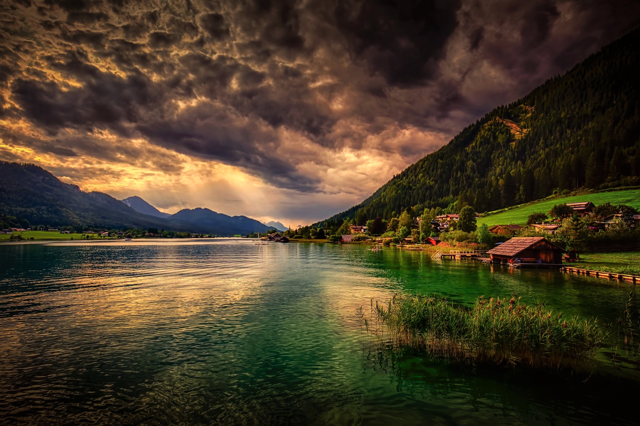 Laden Sie das See, Haus, Dorf, Gebirge, Wolke, Menschengemacht-Bild kostenlos auf Ihren PC-Desktop herunter