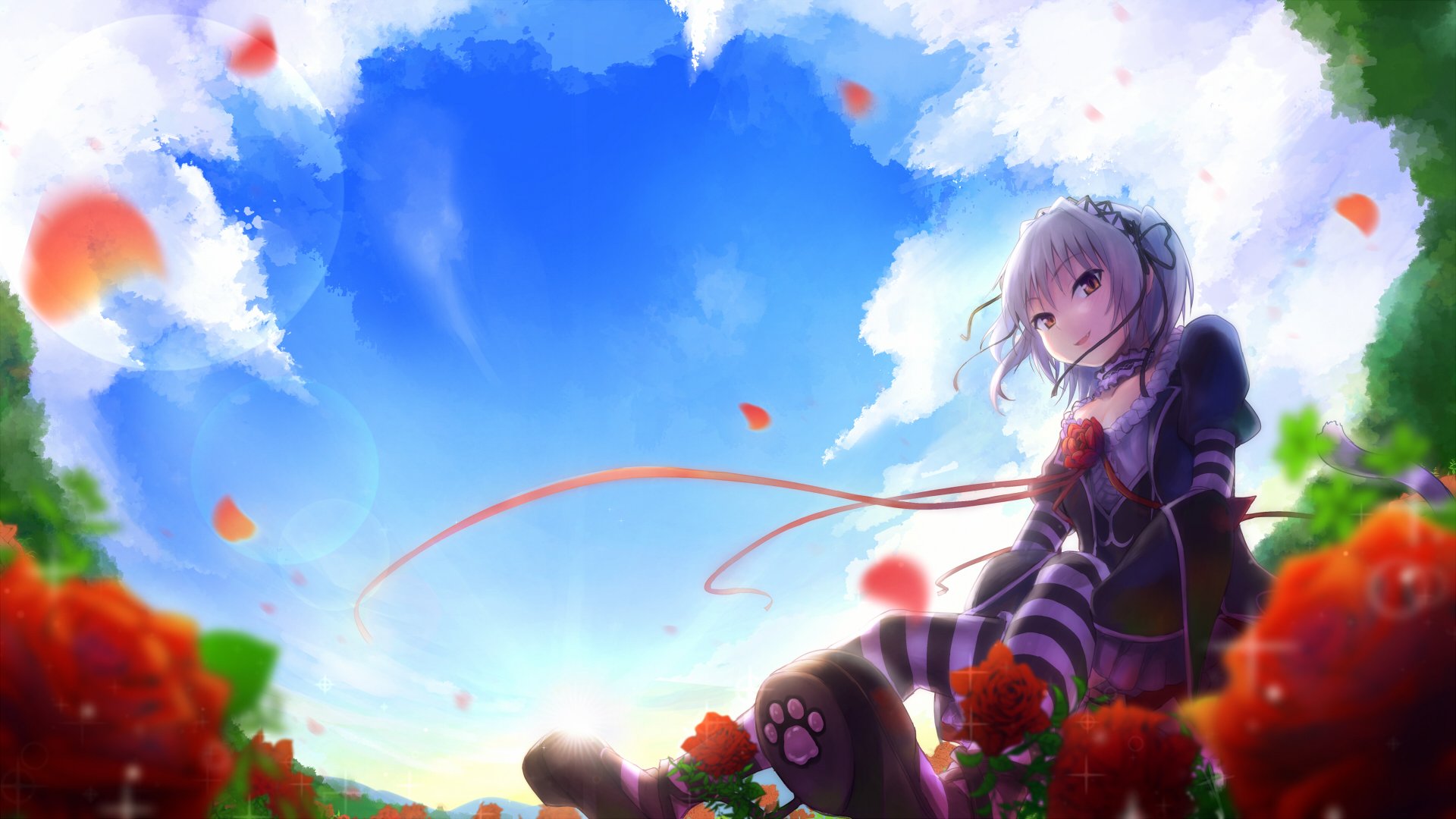 anime, hapymaher, flower, sky, smile, white hair