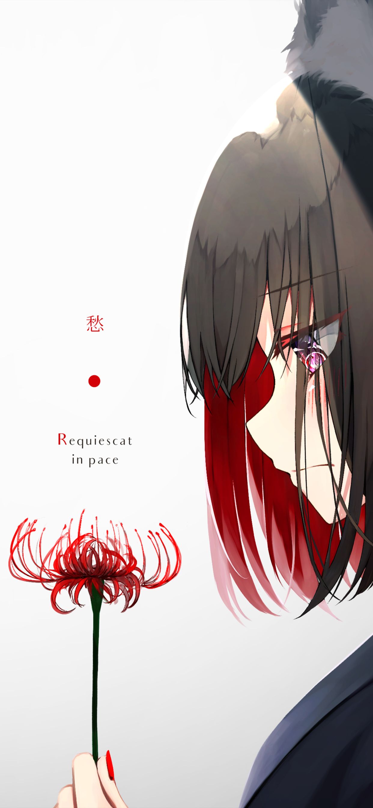 Download mobile wallpaper Anime, Original, Red Eyes, Red Flower, Short Hair, Animal Ears for free.