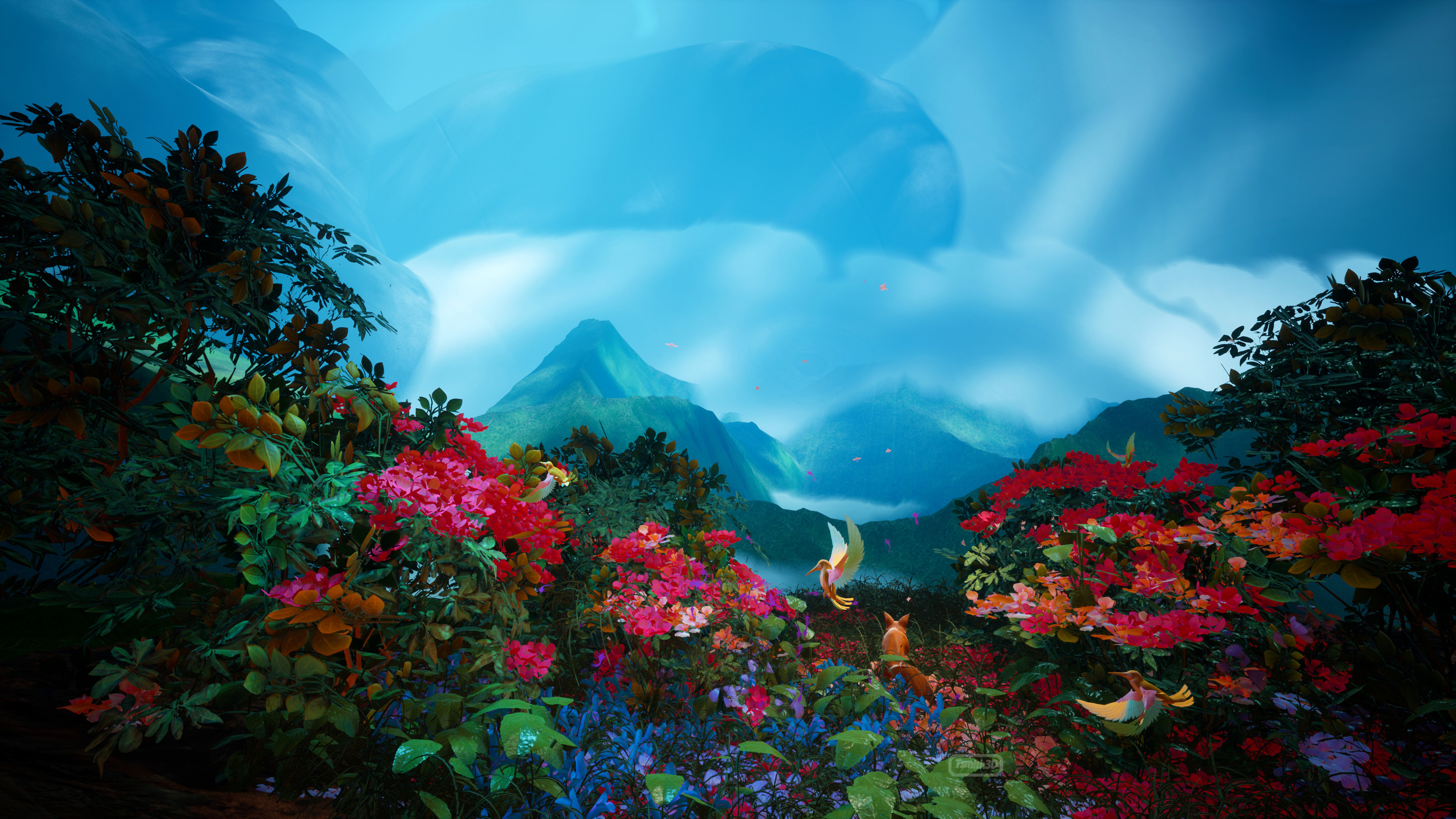 Free download wallpaper Landscape, Nature, Flower, Bird, Artistic, Hummingbird on your PC desktop