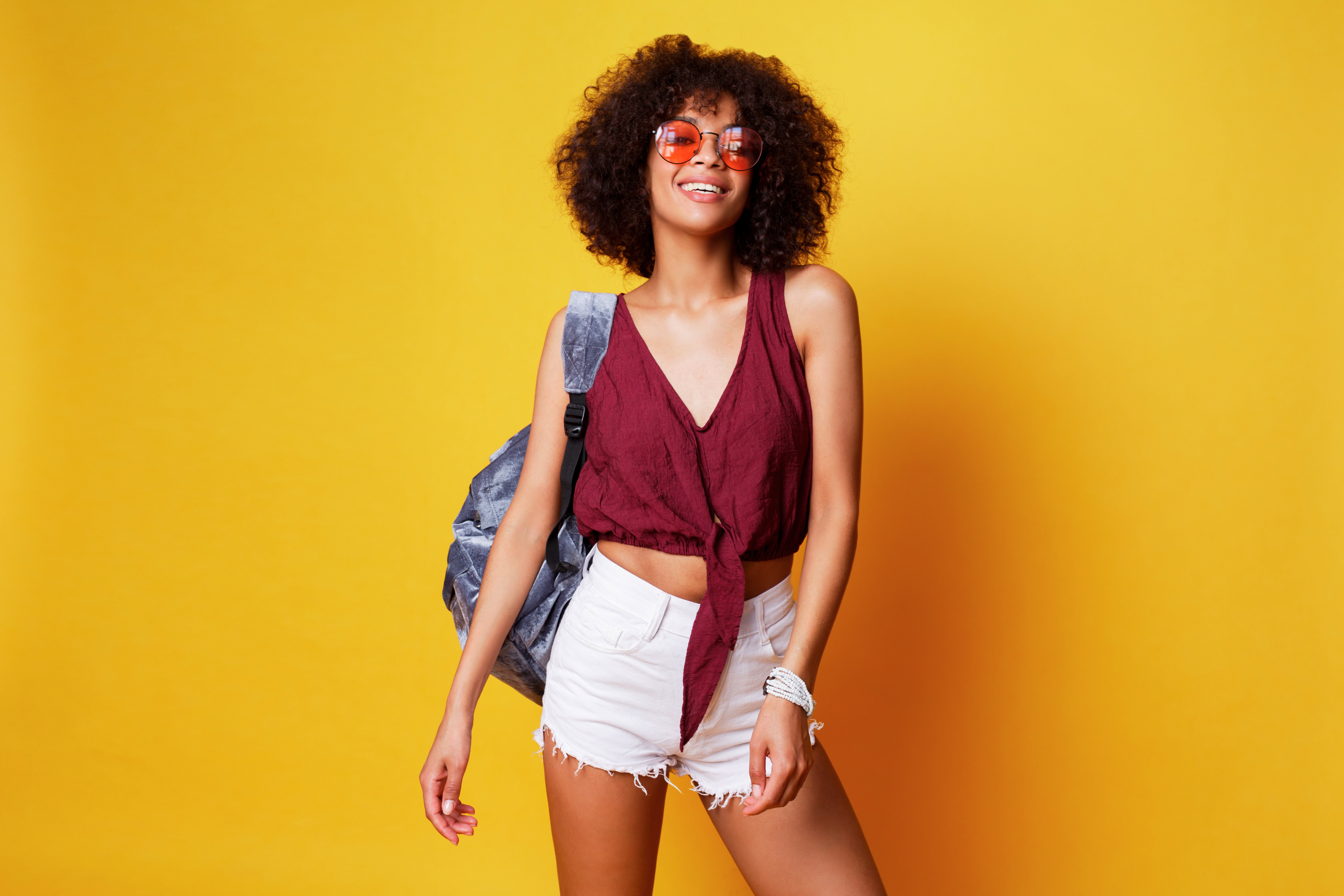 Download mobile wallpaper Smile, Brunette, Sunglasses, Model, Women, Shorts for free.