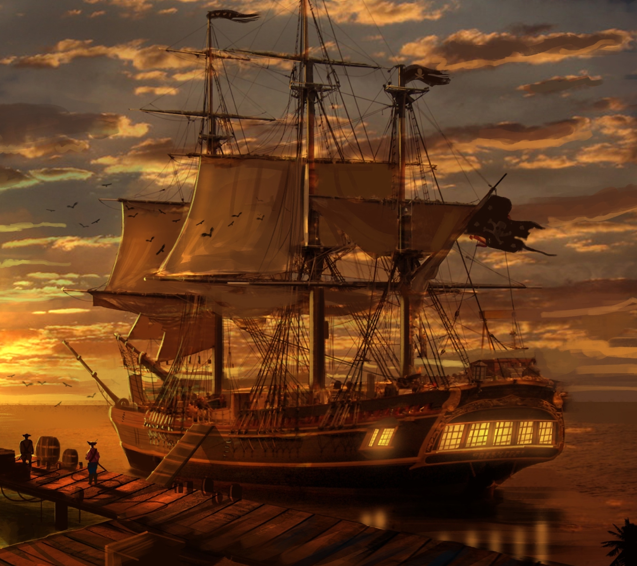 pirate ship, fantasy, ship, pier, dock, sunset, palm tree, pirate