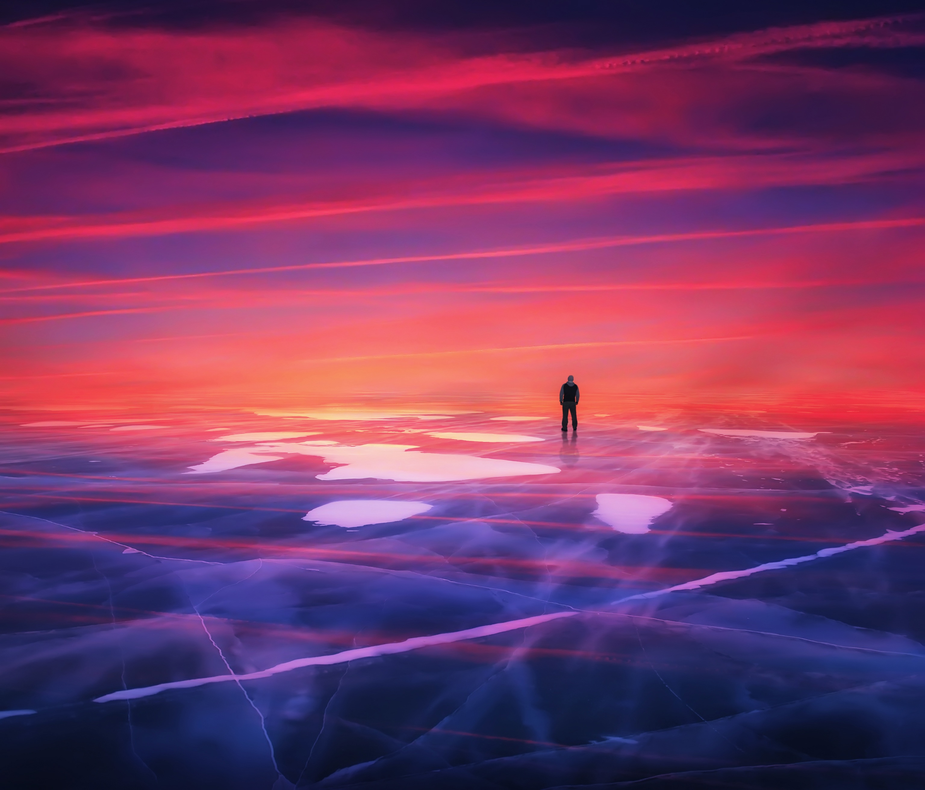 loneliness, nature, sunset, ice, silhouette, photoshop 4K, Ultra HD