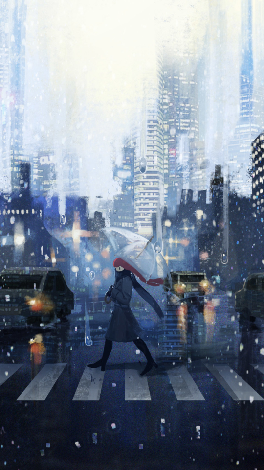 Download mobile wallpaper Anime, City, Umbrella, Snowfall, Long Hair, Red Hair for free.