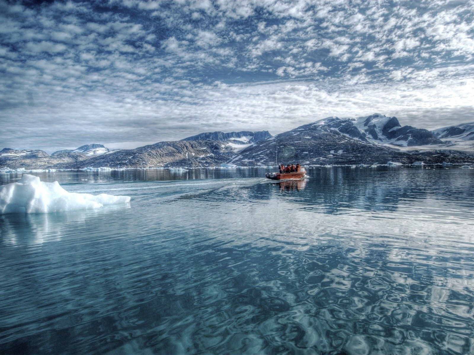 Download mobile wallpaper Cold, Mountains, Water Surface, Glacier, Nature, Boat for free.