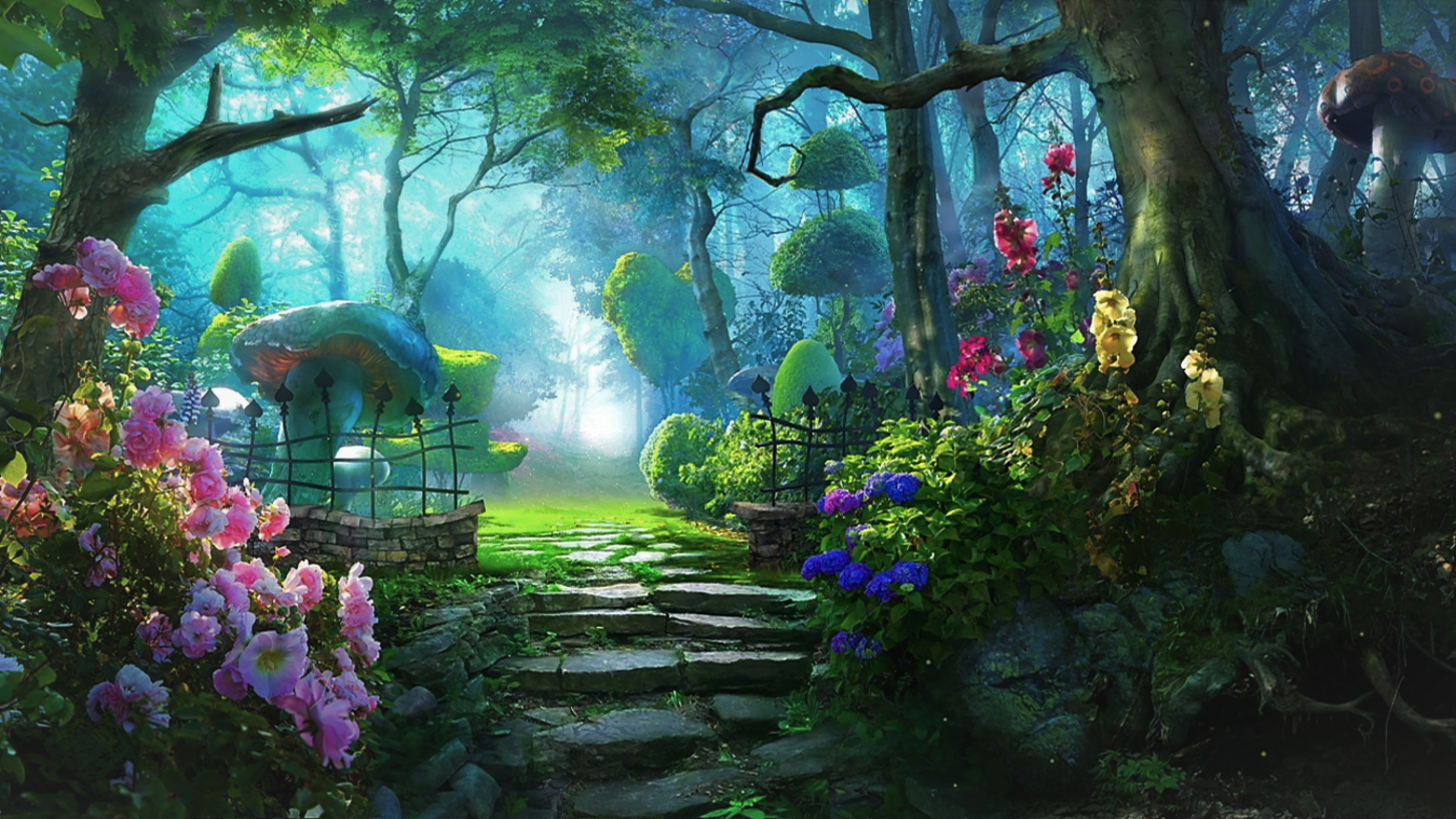 1506193 descargar fondo de pantalla artístico, jardín, fantasía, flor, mágico, hongo, piedra, árbol: protectores de pantalla e imágenes gratis