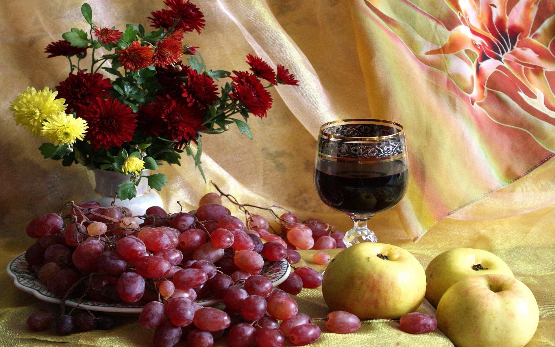 Download mobile wallpaper Apple, Grapes, Still Life, Flower, Photography, Wine for free.