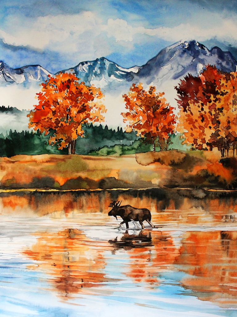 Download mobile wallpaper Nature, Mountain, Lake, Reflection, Fall, Painting, Artistic, Watercolor, Elk for free.