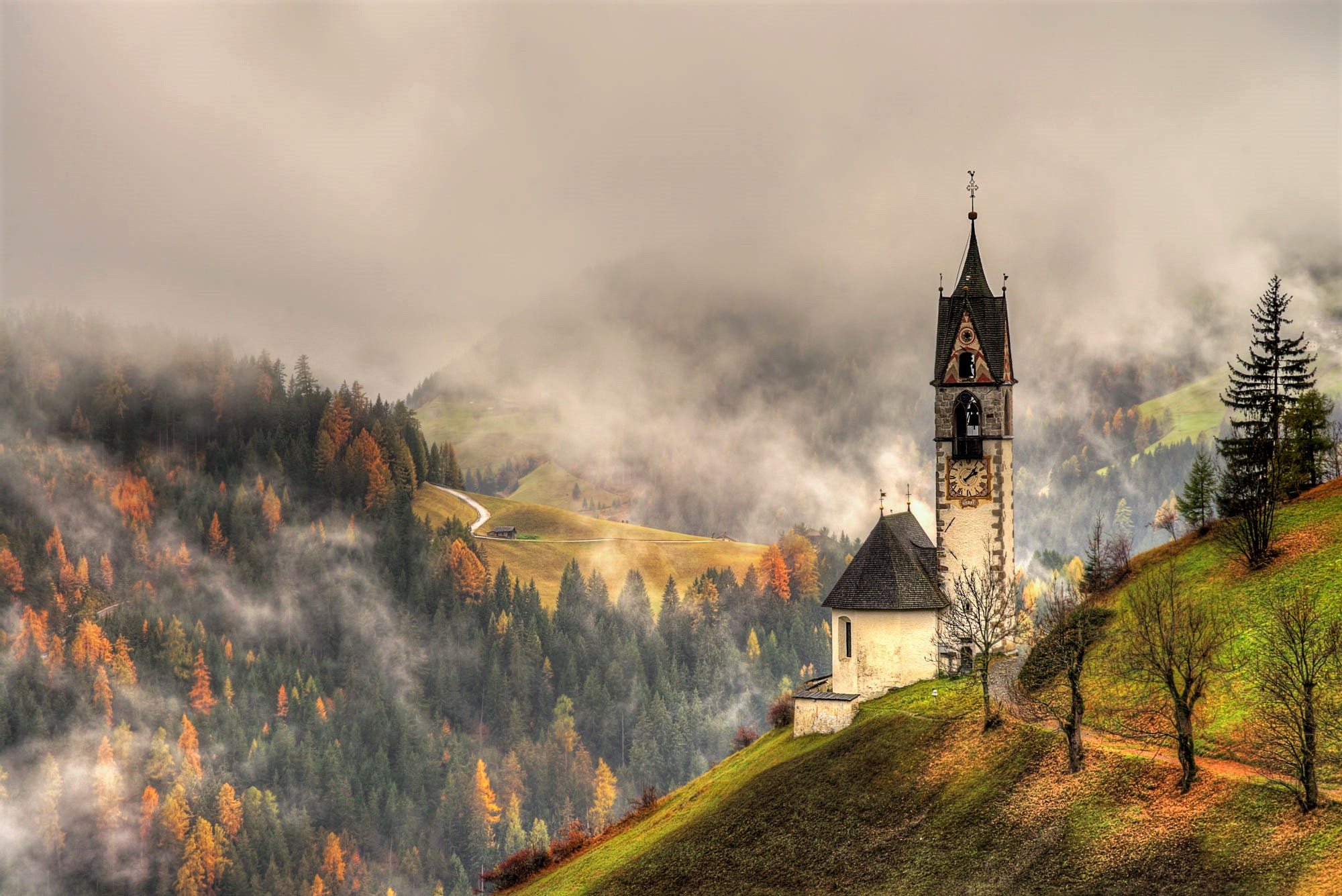 Free download wallpaper Mountain, Forest, Fog, Alps, Church, Churches, Religious on your PC desktop