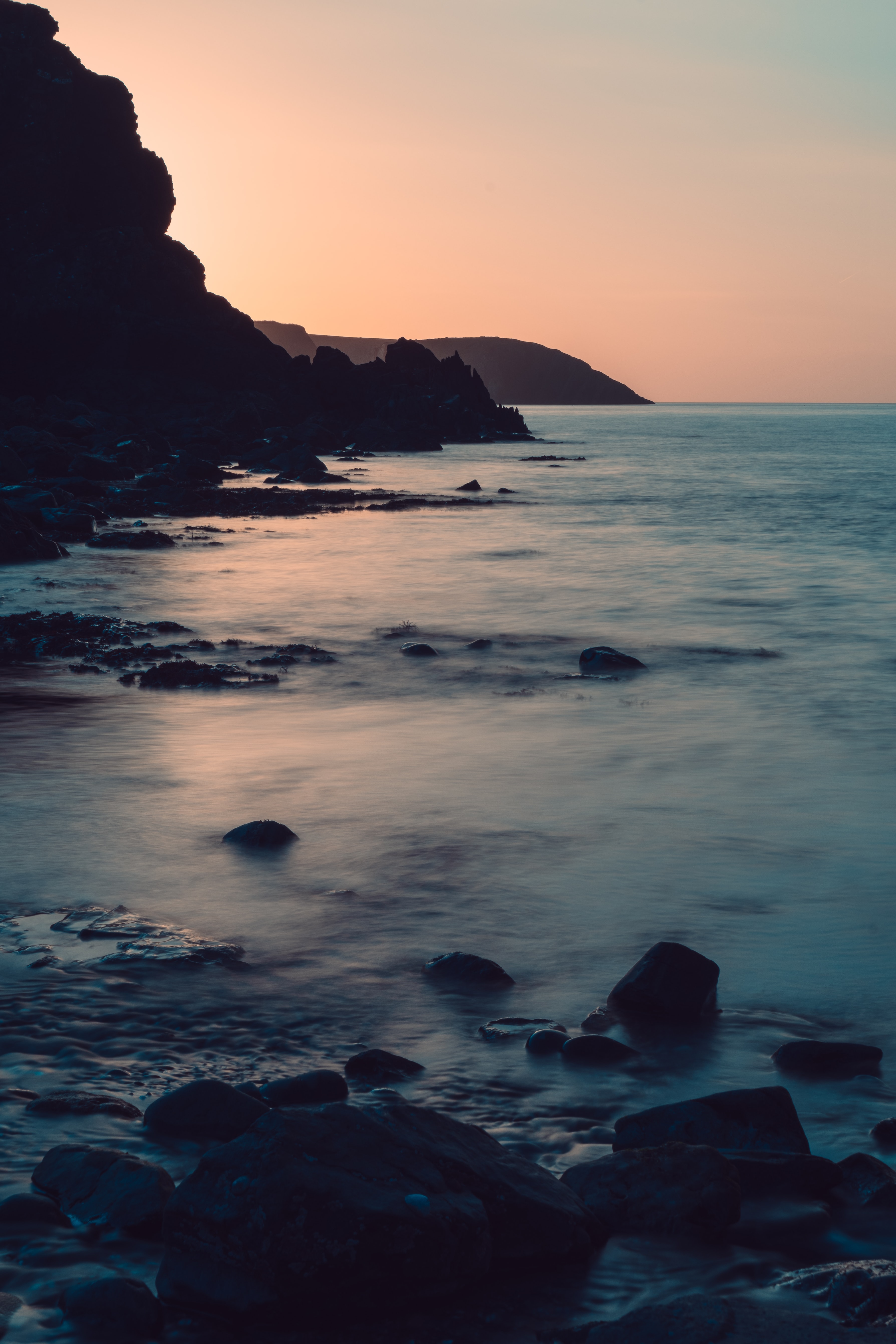 stones, nature, sea, twilight, rocks, coast, dusk 4K for PC