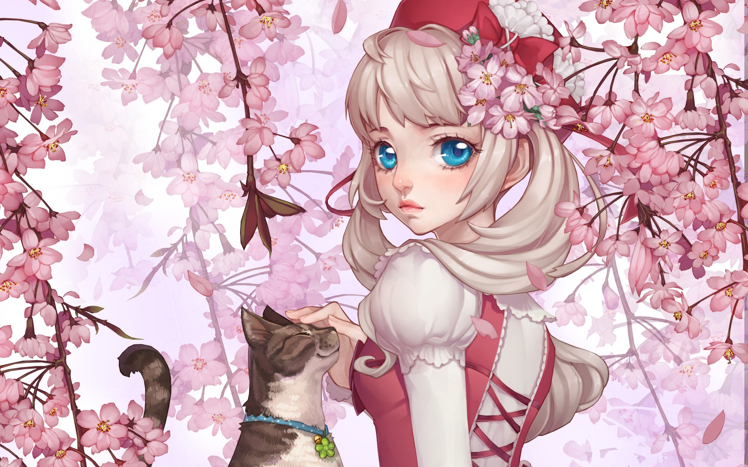 Download mobile wallpaper Anime, Cat, Spring, Original, Sakura Blossom for free.