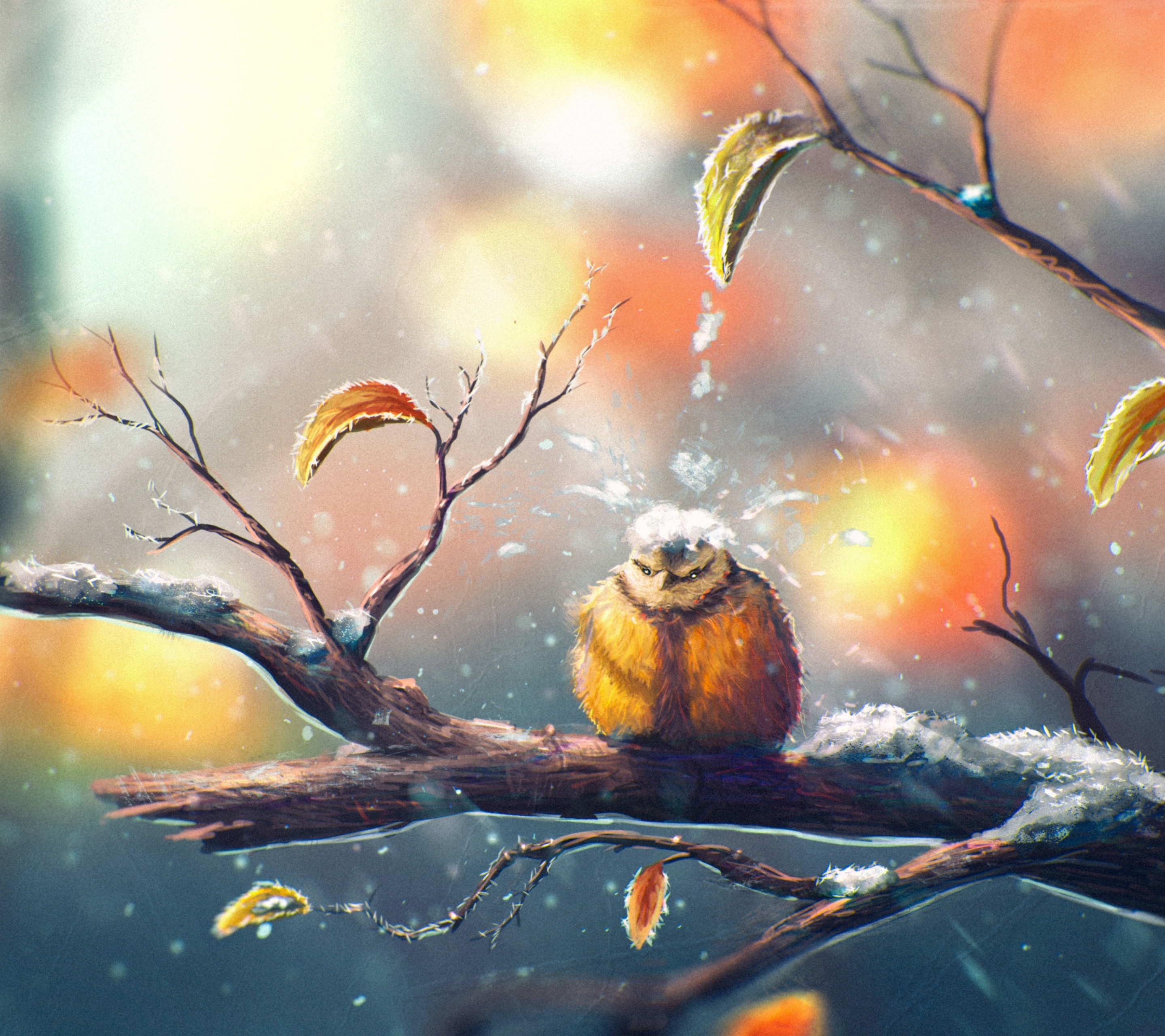 Download mobile wallpaper Funny, Winter, Snow, Bird, Painting, Artistic, Cute for free.
