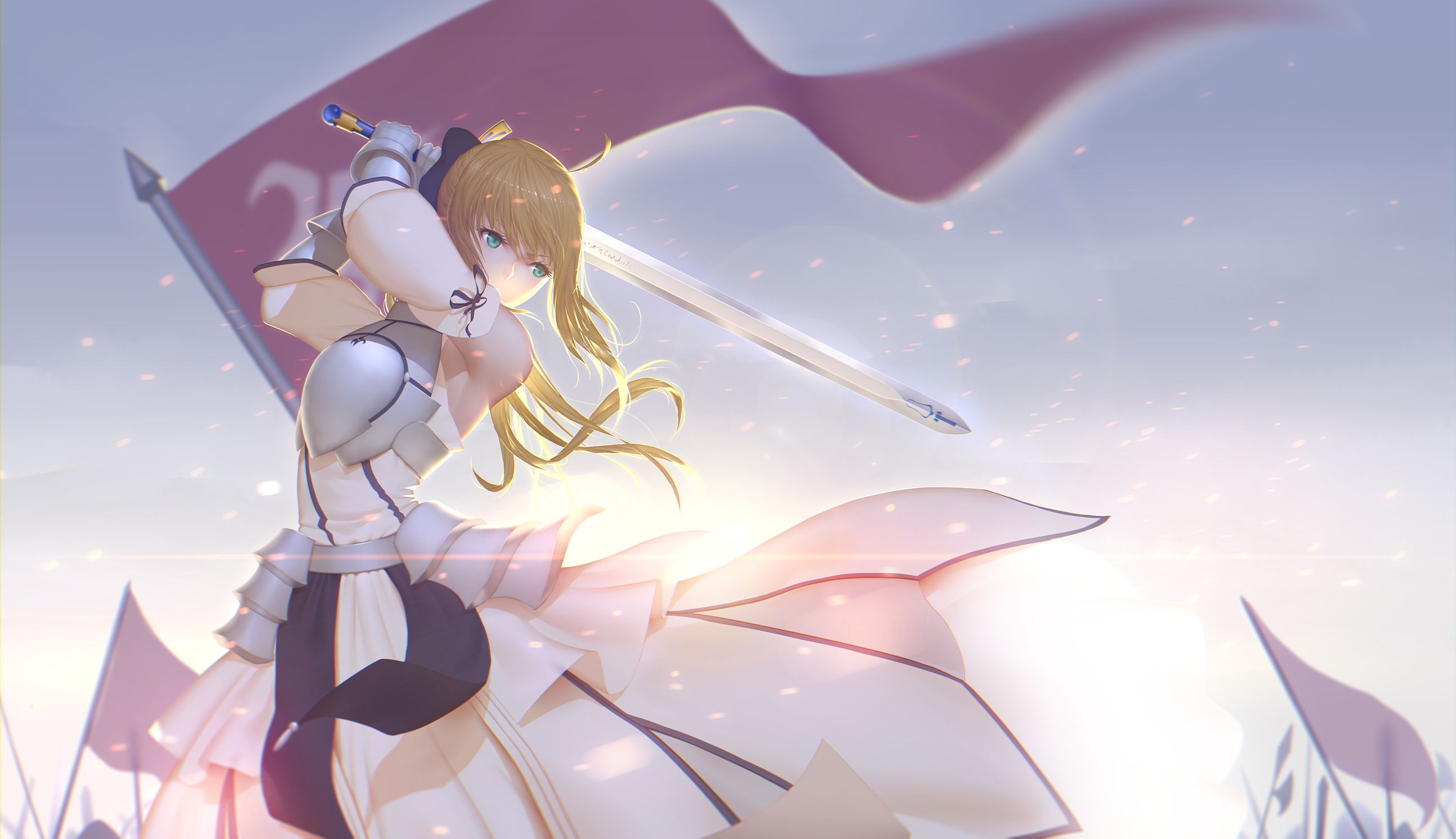 anime, fate/unlimited codes, armor, blonde, flag, green eyes, saber (fate series), saber lily, sword, white dress, fate series