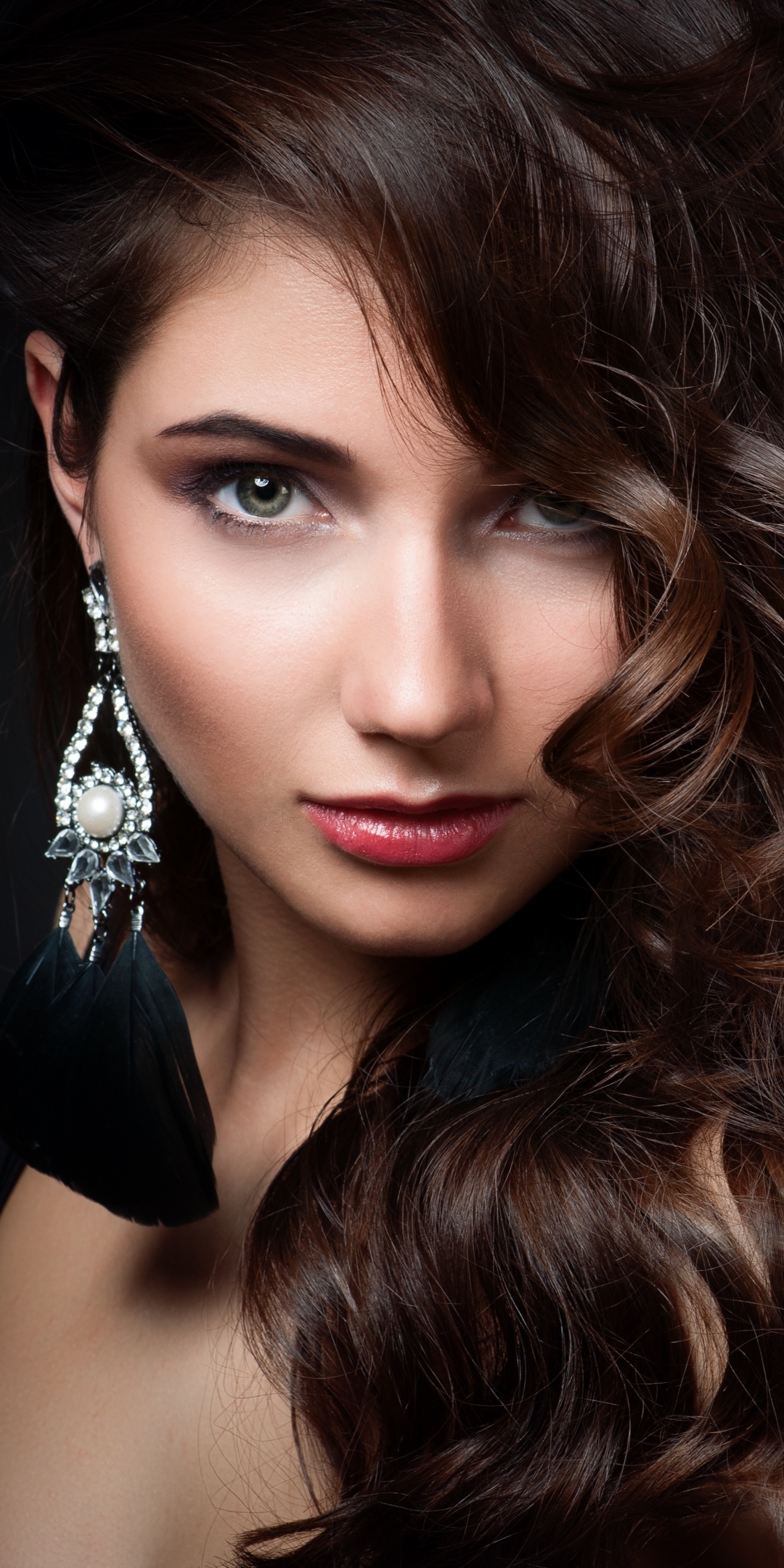 Download mobile wallpaper Face, Brunette, Model, Women, Earrings, Blue Eyes, Lipstick for free.