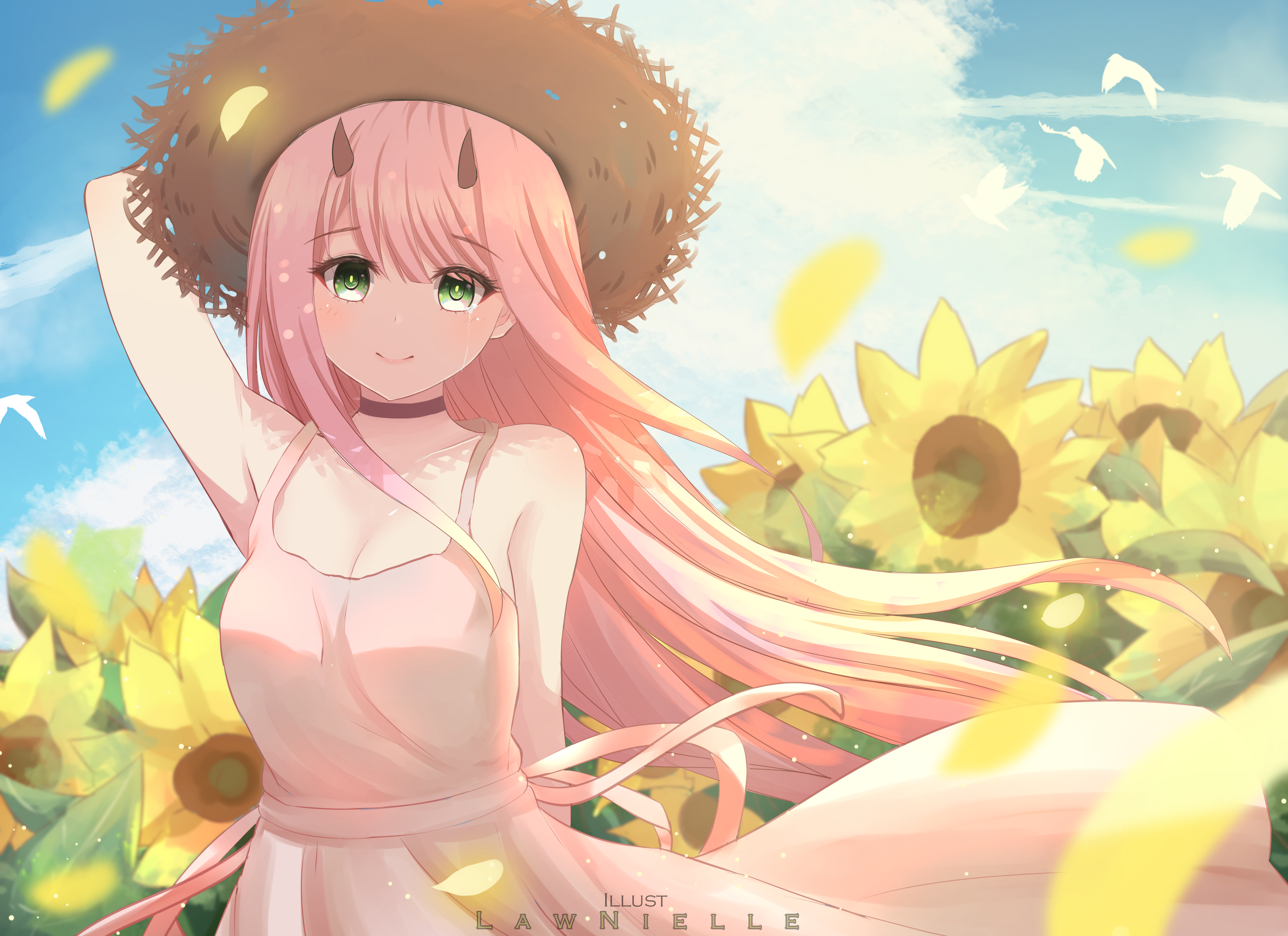 Free download wallpaper Anime, Hat, Dress, Green Eyes, Pink Hair, Long Hair, Darling In The Franxx, Zero Two (Darling In The Franxx) on your PC desktop