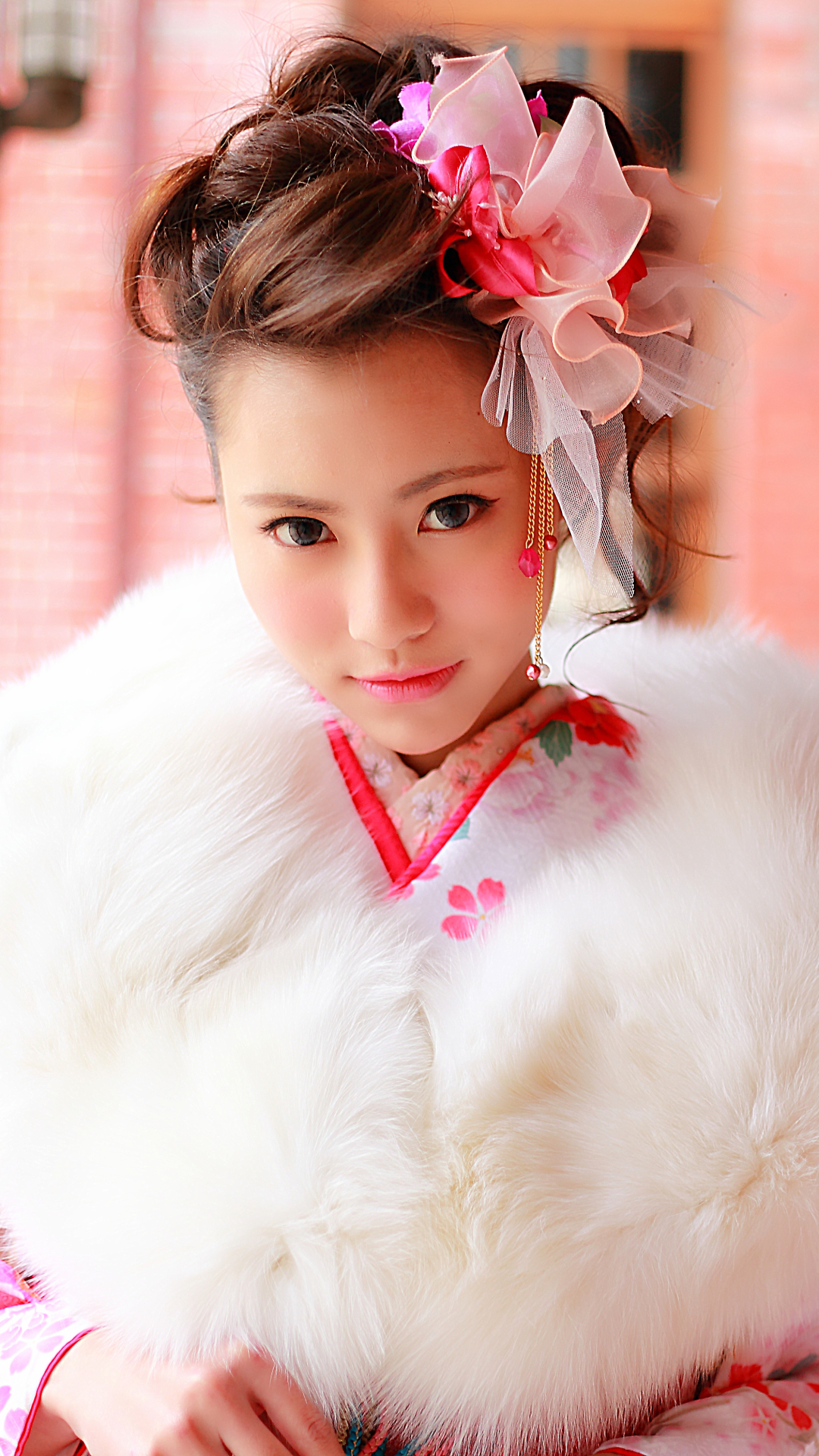 Download mobile wallpaper Bokeh, Child, Fur, Brunette, Photography, Oriental, Model, Asian, Brown Eyes, Bow (Clothing), Traditional Costume for free.