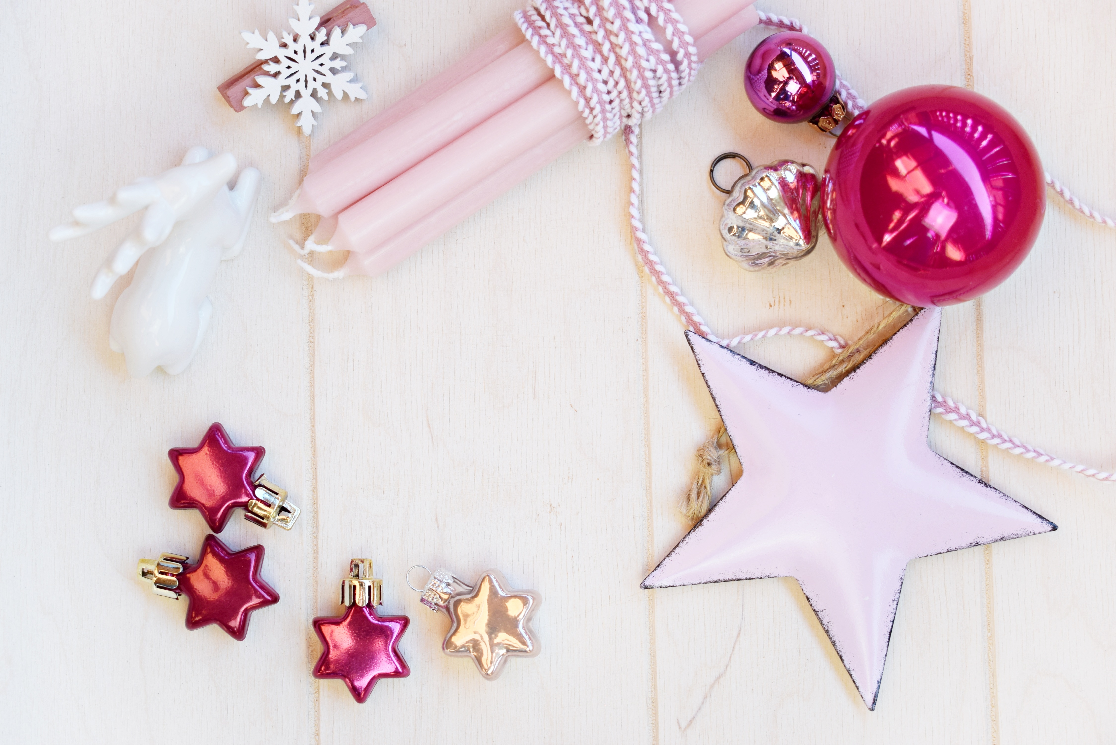 Download mobile wallpaper Stars, Pink, Christmas, Holiday, Candle, Snowflake, Christmas Ornaments, Bauble, Reindeer for free.