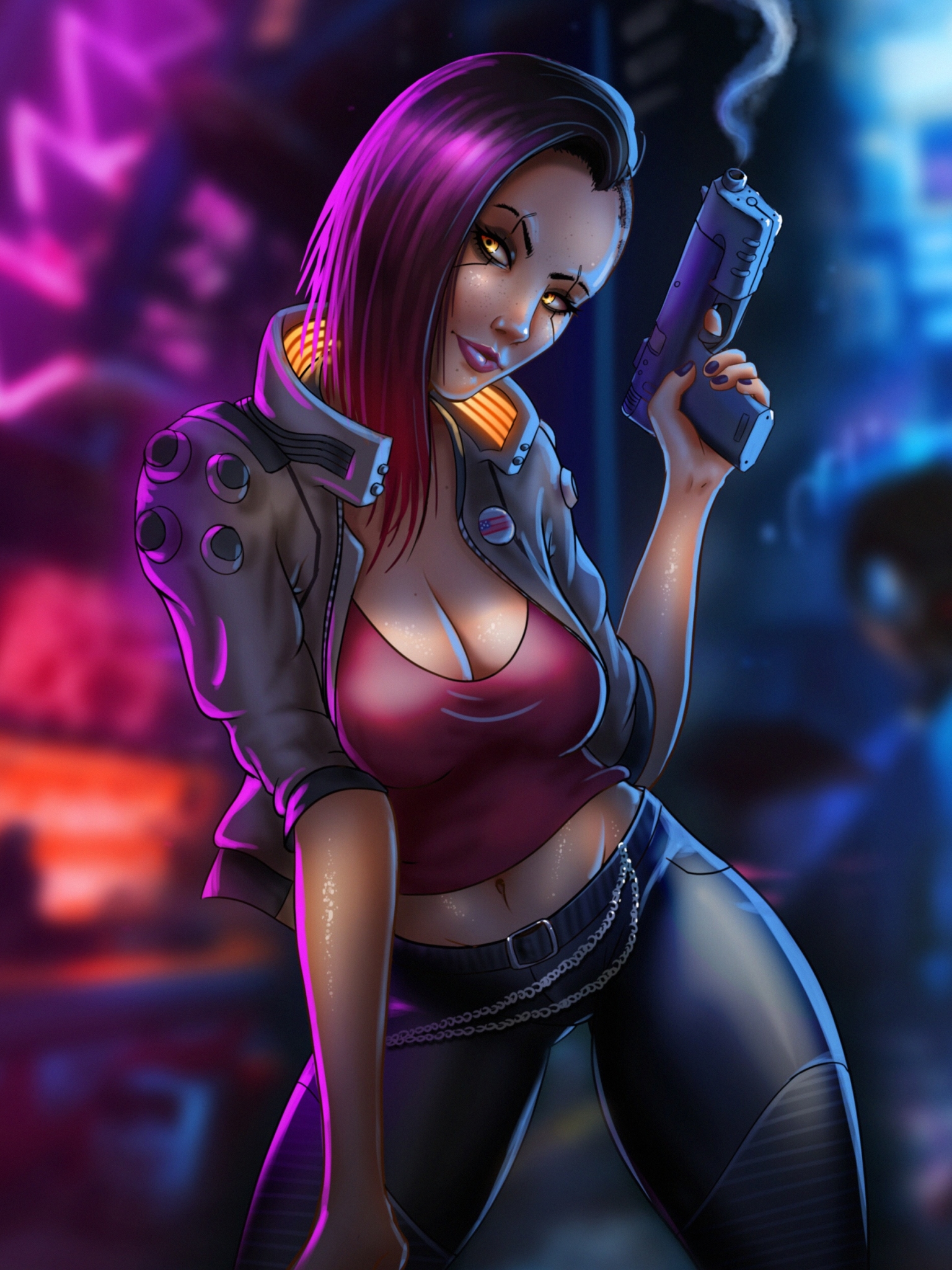 Descarga gratuita de fondo de pantalla para móvil de Arma, Videojuego, Pistola, Cíborg, Mujer Guerrera, Cabello Purpura, Ciberpunk 2077.