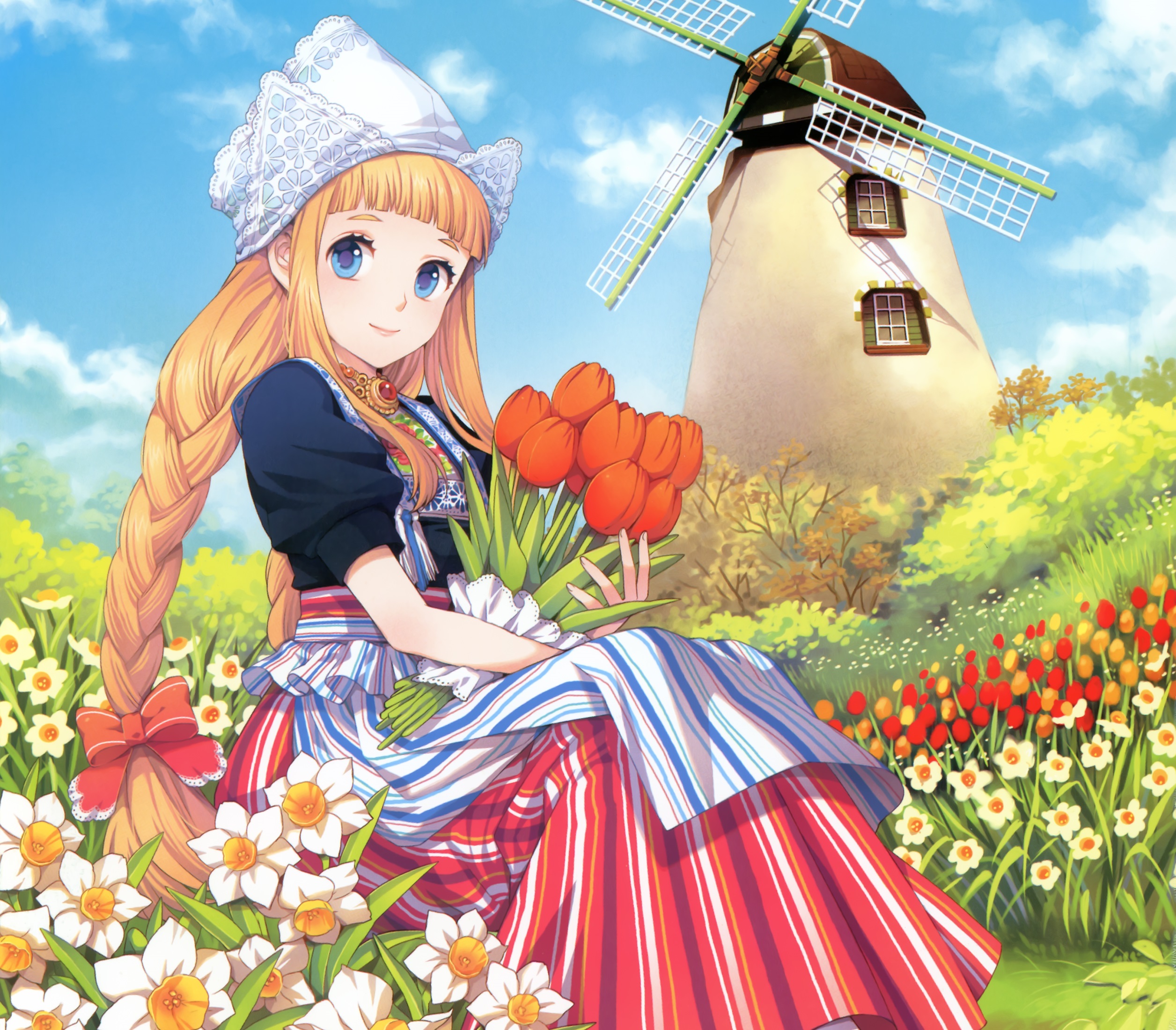 Download mobile wallpaper Anime, Smile, Blonde, Tulip, Hat, Windmill, Blue Eyes, Original, Braid, Blush, Long Hair, Daffodil, Bow (Clothing) for free.