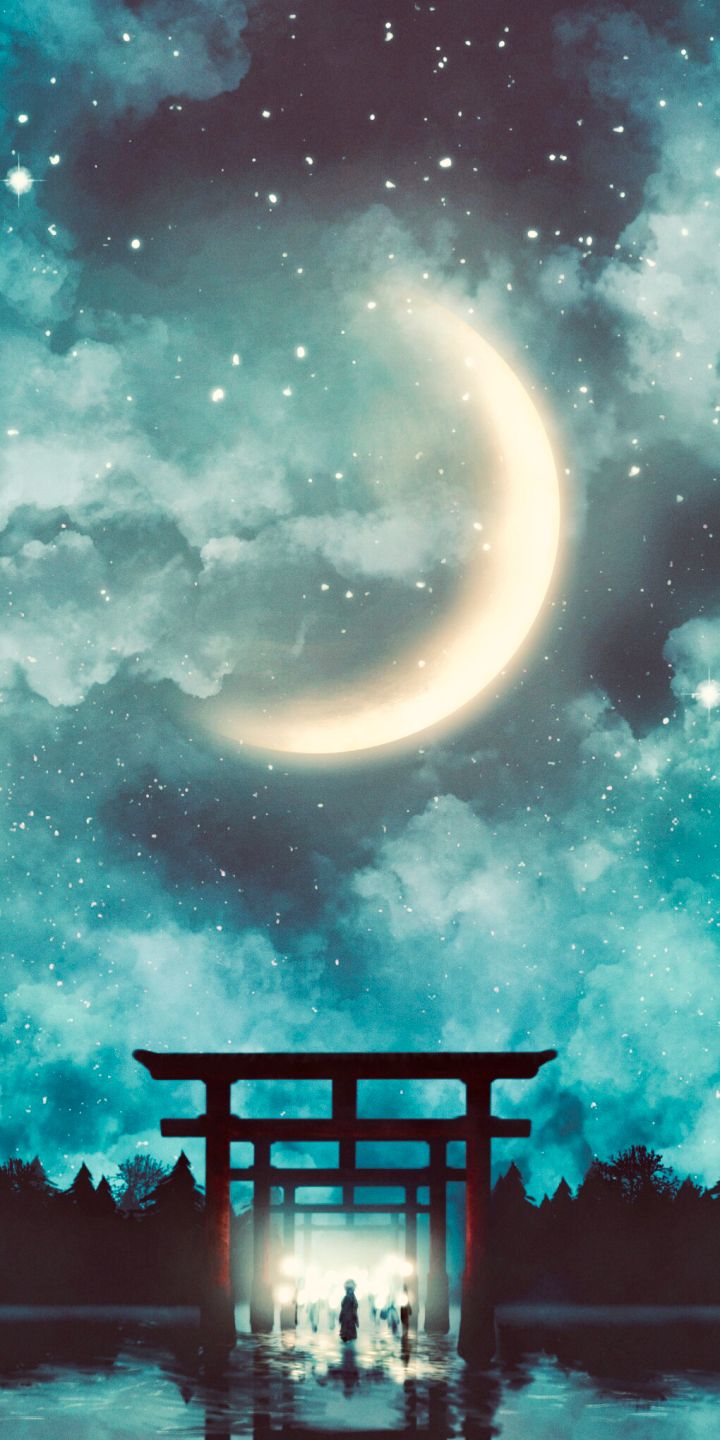 Download mobile wallpaper Anime, Sky, Night, Moon, Starry Sky, Original for free.