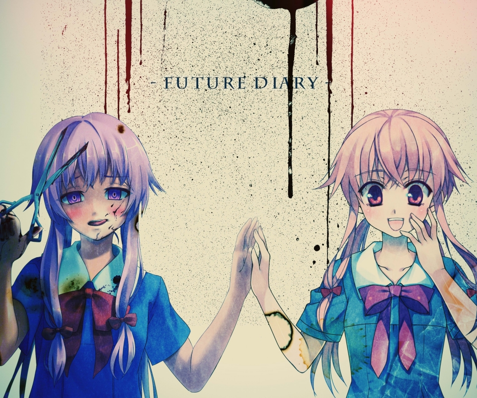 future diary, anime, mirai nikki, pink hair, school uniform, yuno gasai, blood, yandere