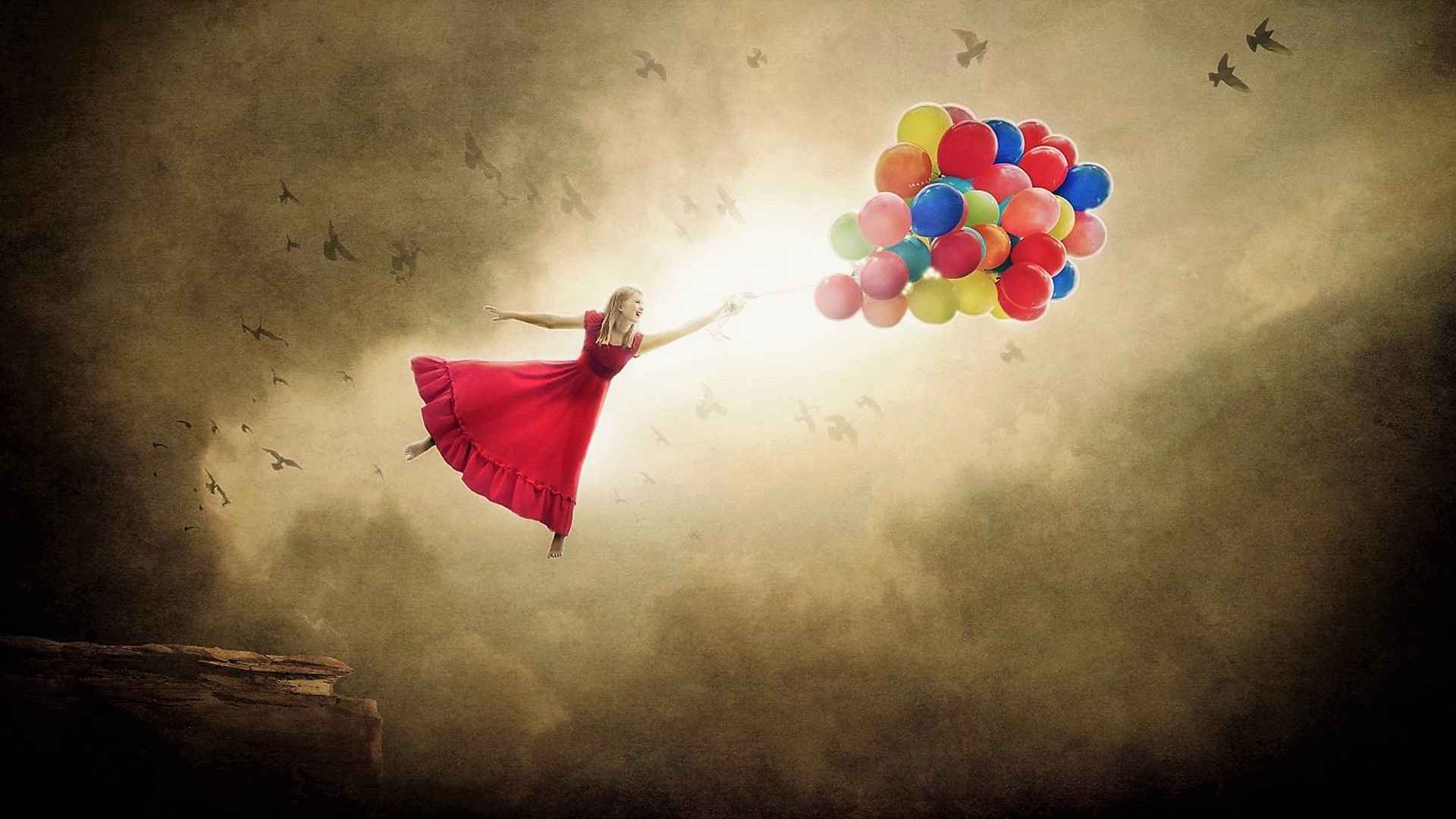 Free download wallpaper Balloon, Colorful, Blonde, Photography, Manipulation, Red Dress on your PC desktop