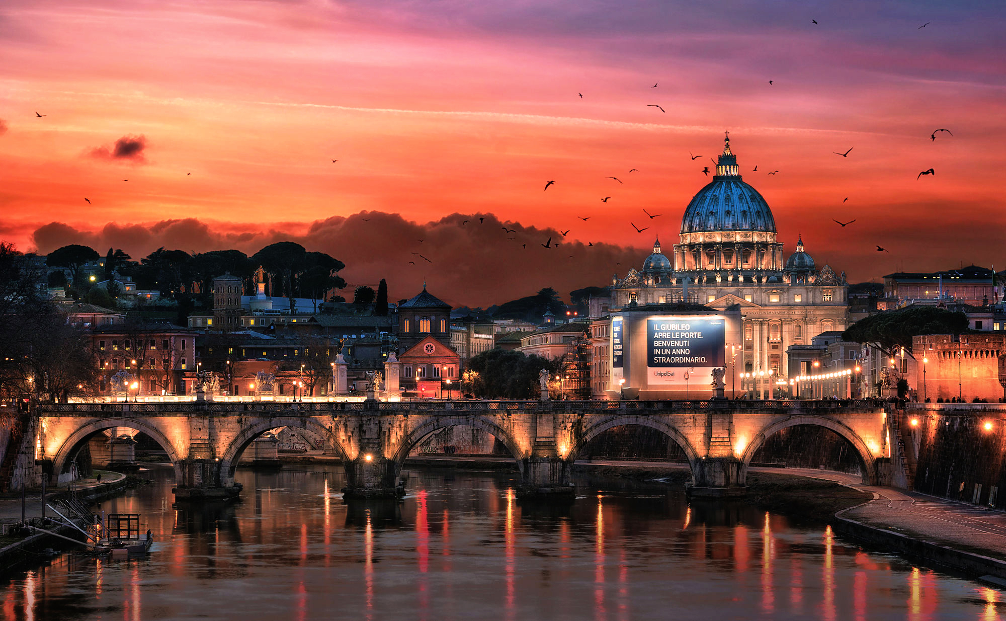 Handy-Wallpaper Städte, Italien, Gebäude, Fluss, Brücke, Kuppel, Nacht, Rom, Menschengemacht kostenlos herunterladen.
