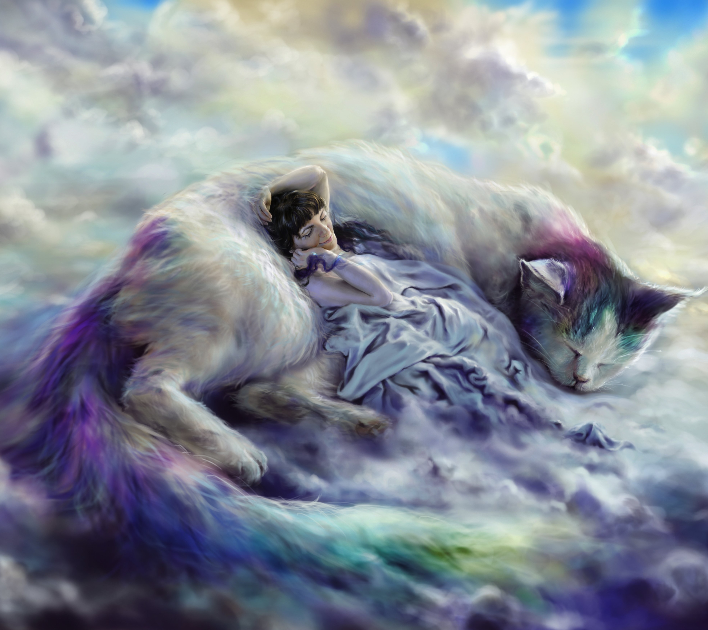 Free download wallpaper Fantasy, Cat, Purple, Cloud, Sleeping, Giant, Fantasy Animals on your PC desktop