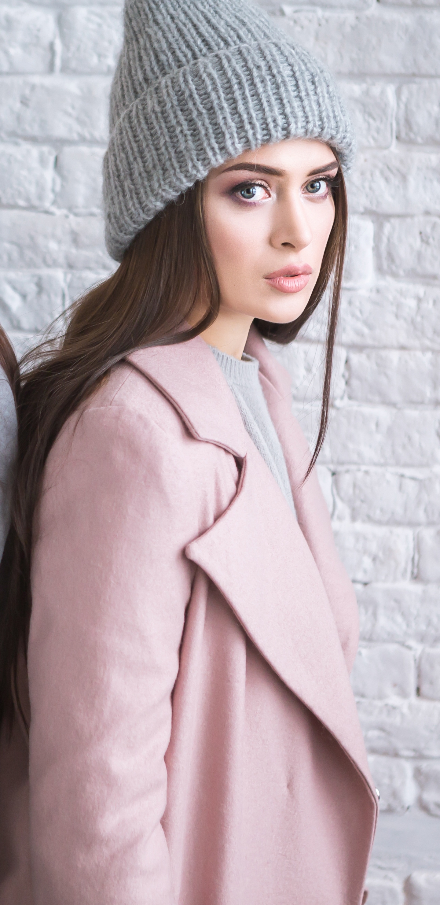 Download mobile wallpaper Hat, Brunette, Coat, Model, Women, Blue Eyes, Long Hair for free.