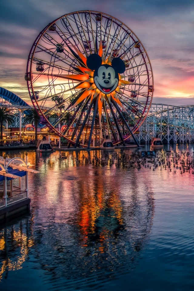 Download mobile wallpaper Water, Disneyland, Ferris Wheel, Amusement Park, Man Made, Disney for free.