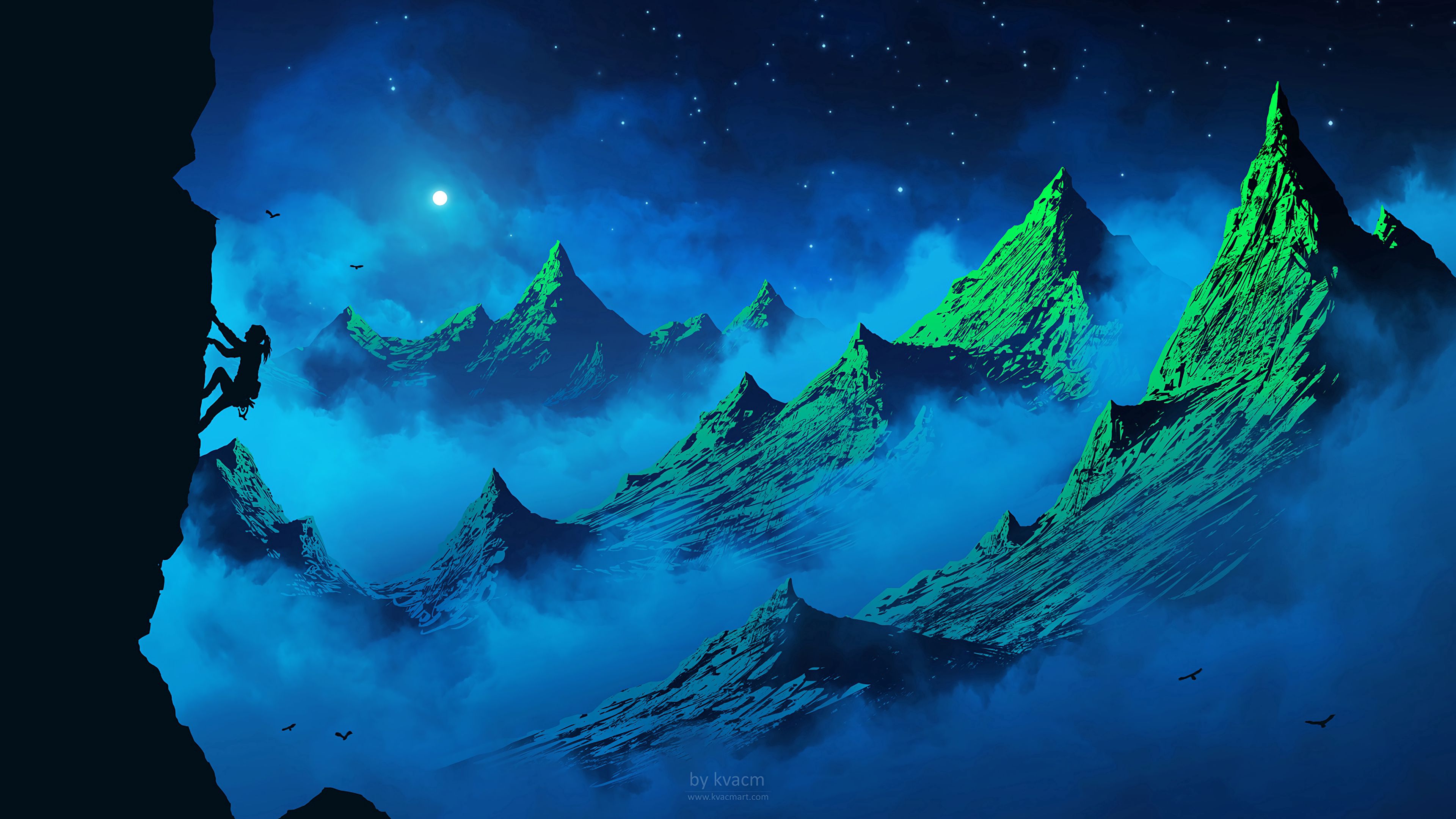 moon, silhouette, art, birds, mountains, night, fog, girl, rock climber, alpinist desktop HD wallpaper
