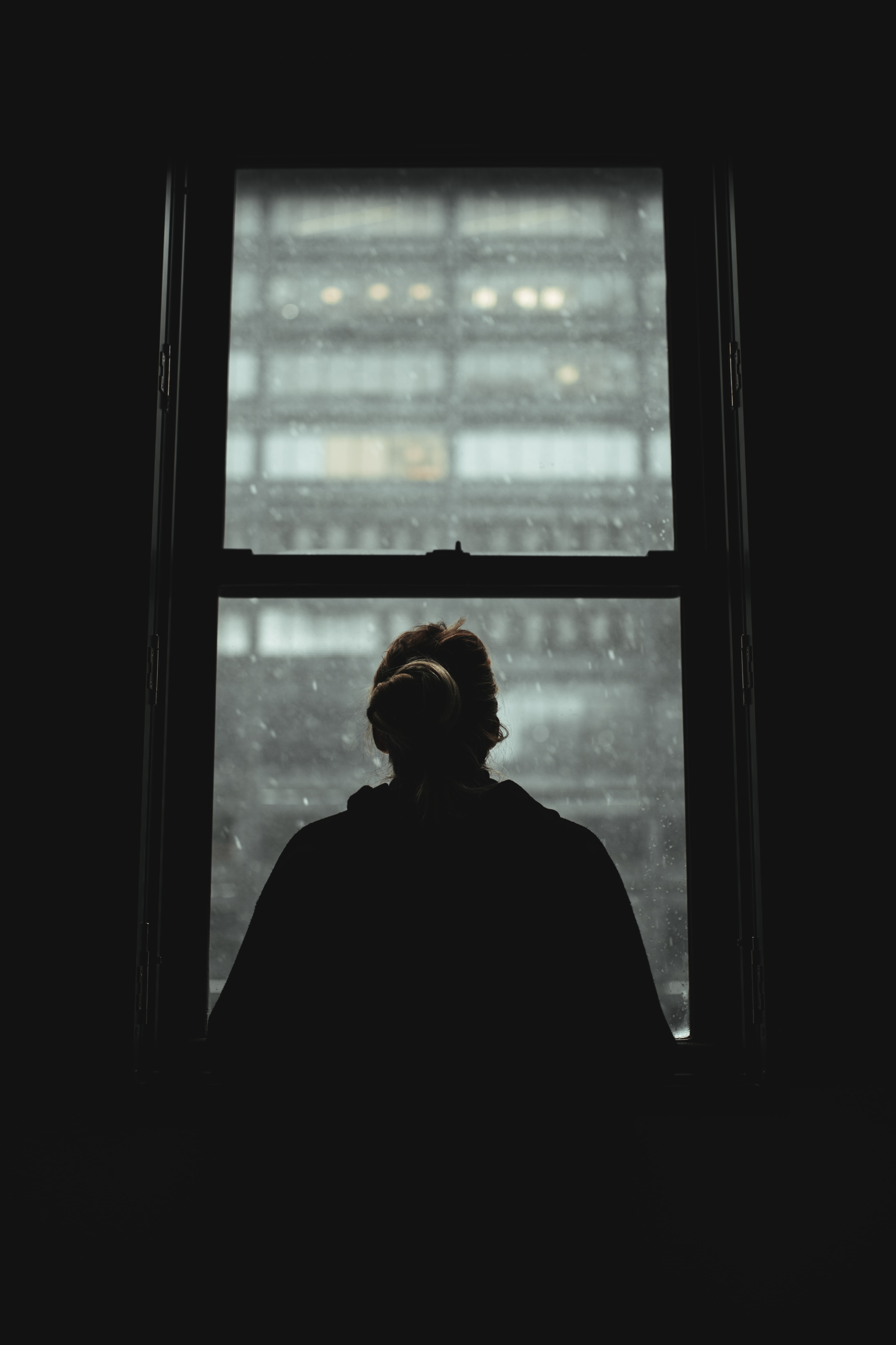 loneliness, dark, girl, silhouette, window, view 4K