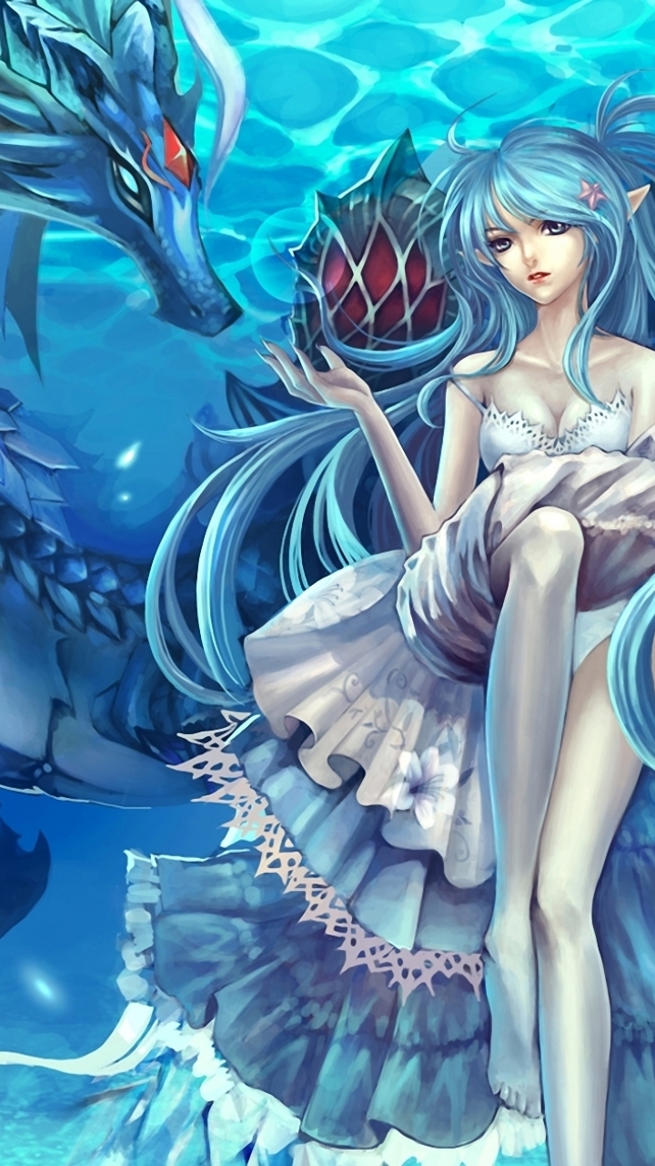 Handy-Wallpaper Fantasie, Drachen, Original, Blaue Haare, Animes kostenlos herunterladen.