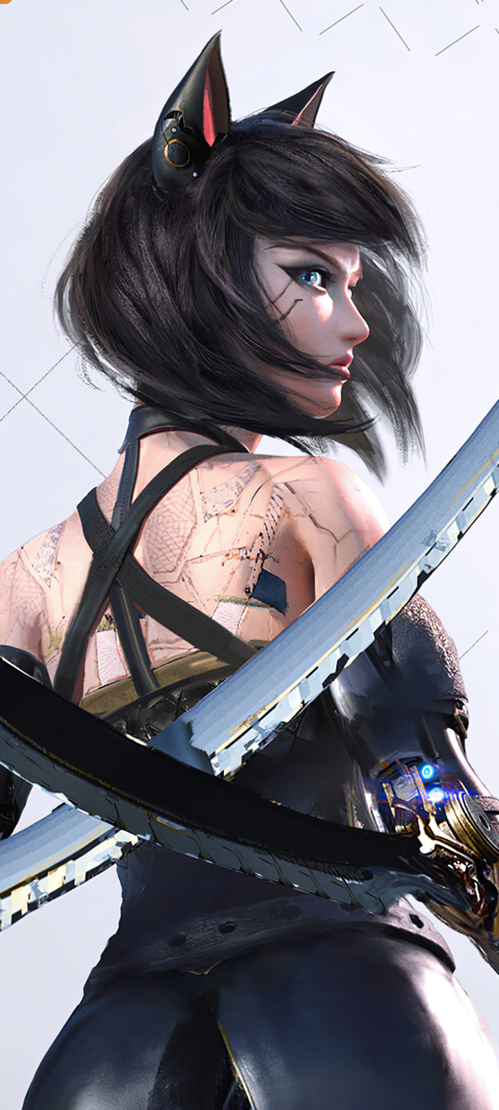 Download mobile wallpaper Cyberpunk, Sci Fi, Cyborg, Black Hair, Woman Warrior, Animal Ears for free.