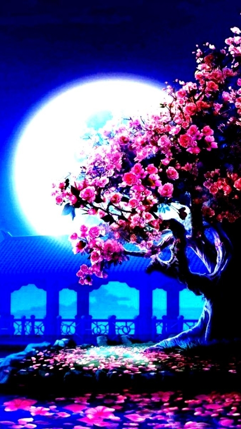 Handy-Wallpaper Rosa, Mond, Blume, Baum, Blütenblatt, Mondlicht, Künstlerisch kostenlos herunterladen.