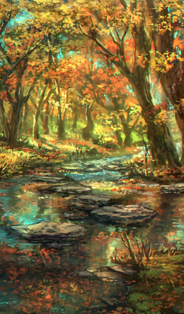 Download mobile wallpaper Anime, Nature, Forest, Tree, Fall, River for free.