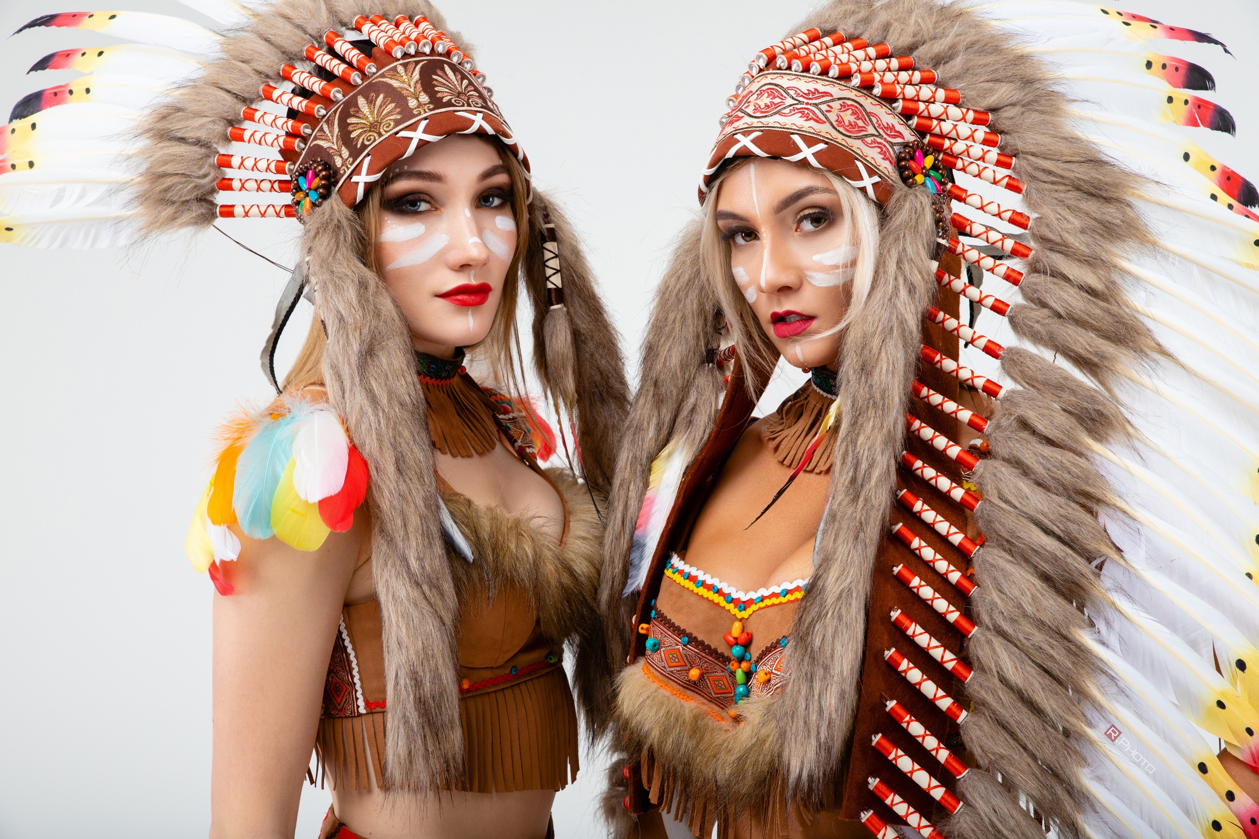 Download mobile wallpaper Feather, Women, Headdress, Lipstick, Native American for free.