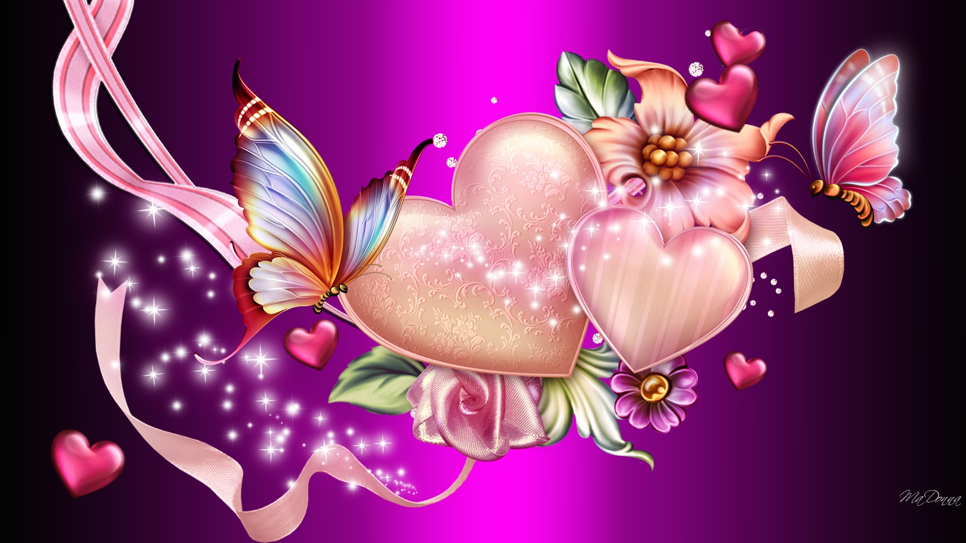 Download mobile wallpaper Pink, Flower, Butterfly, Heart, Artistic, Sparkles for free.